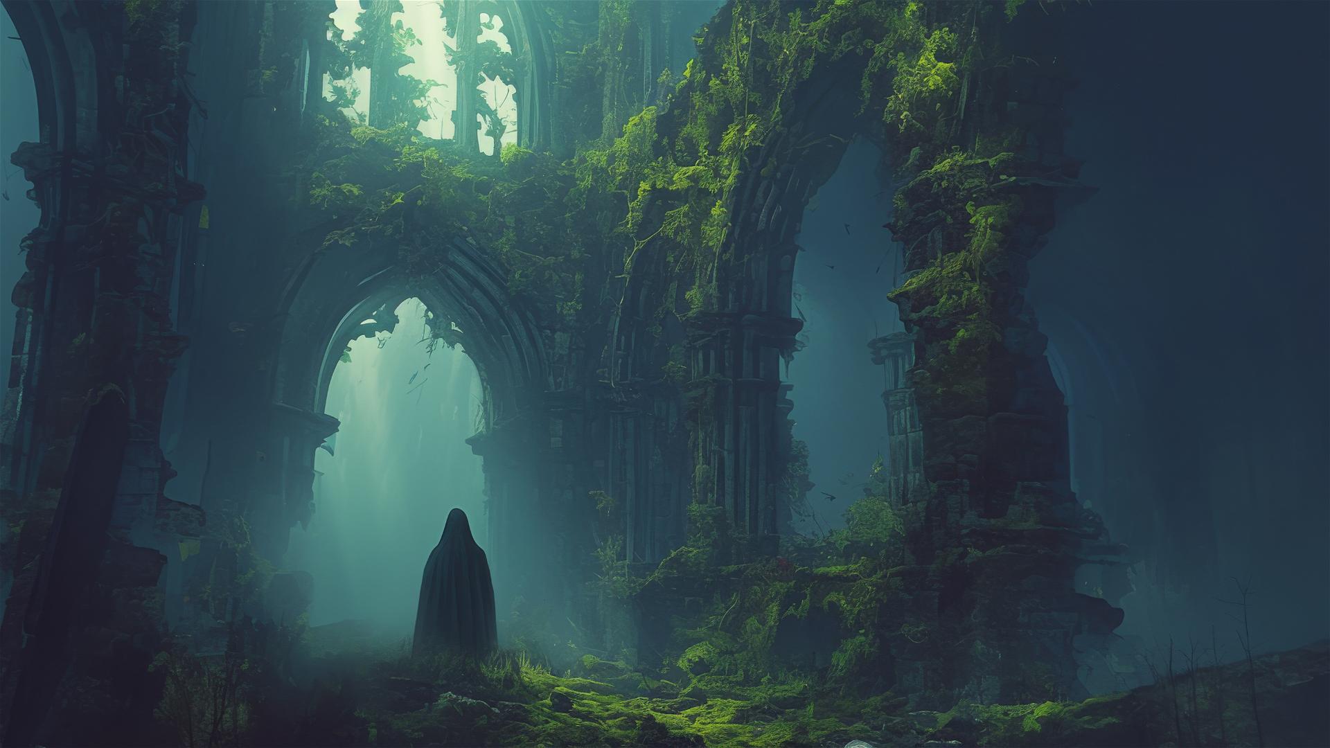 Gothic ruin with ivy and moss, foggy ambiance