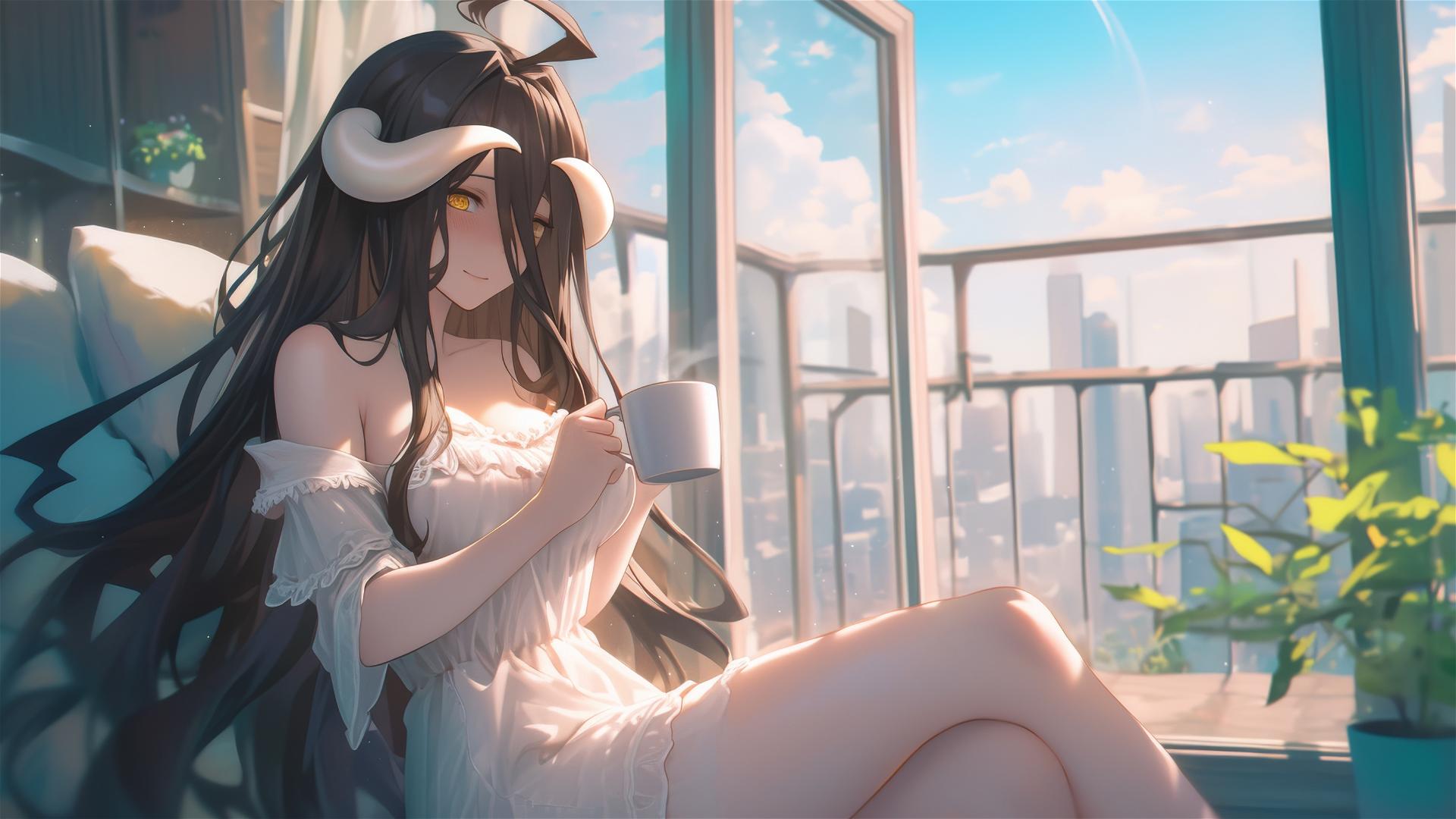 Albedo in white silk pajamas sipping coffee at sunrise