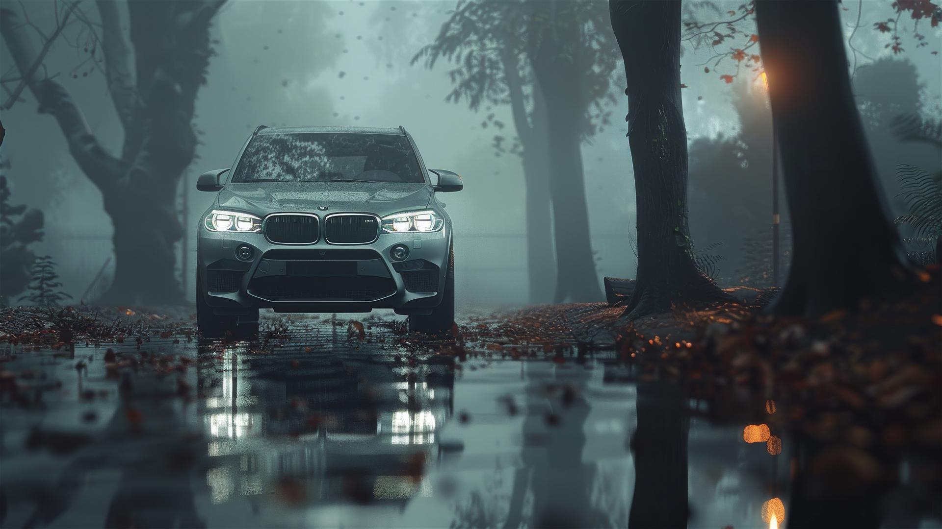 Gothic gloomy BMW X5 in dim light with fog