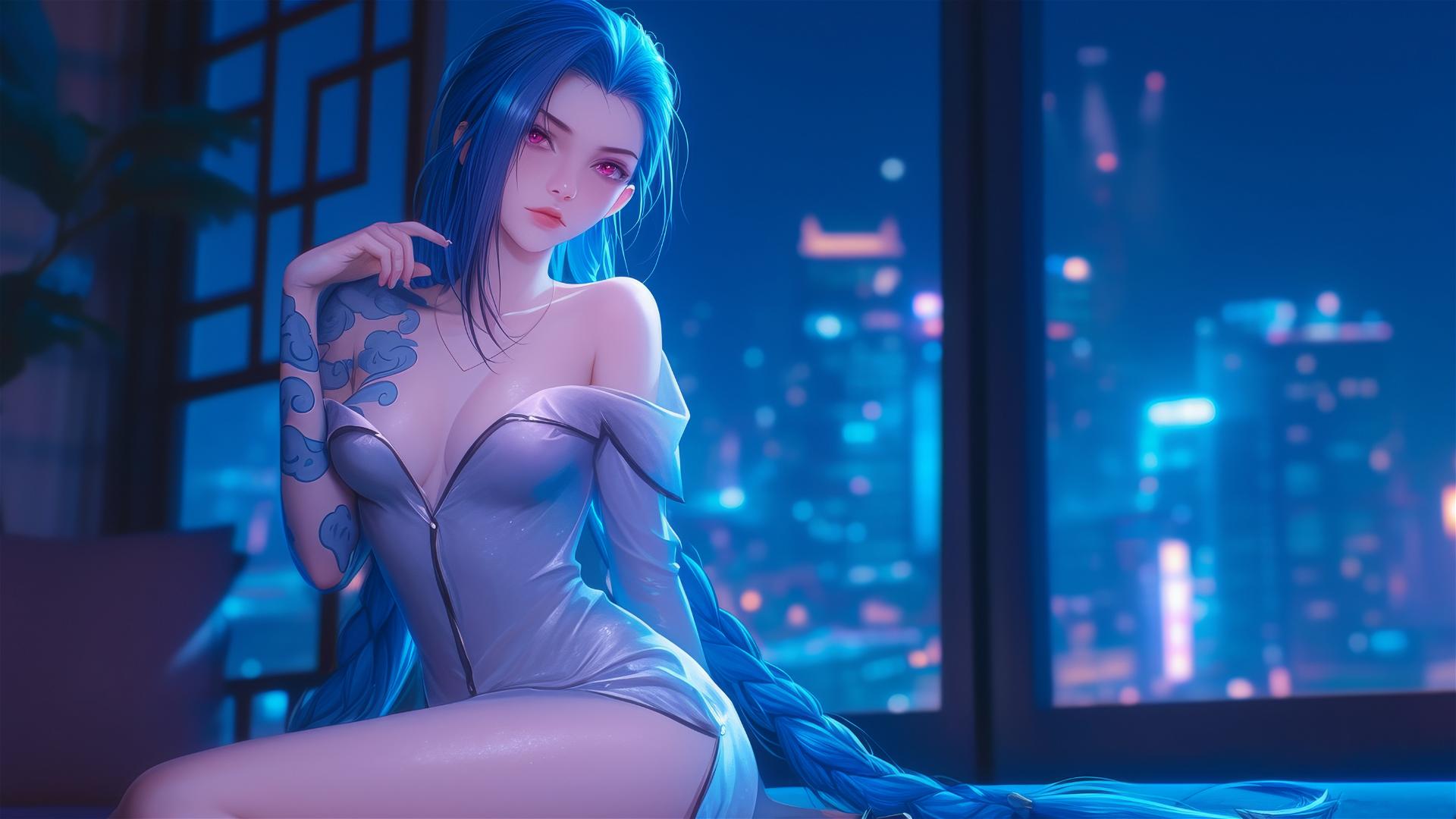 Full body shot of Jinx from League of Legends in moonlit apartment