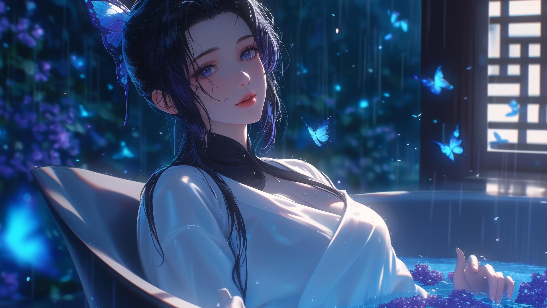 Shinobu Kocho in white dress in flower-filled tub in Chinese spa
