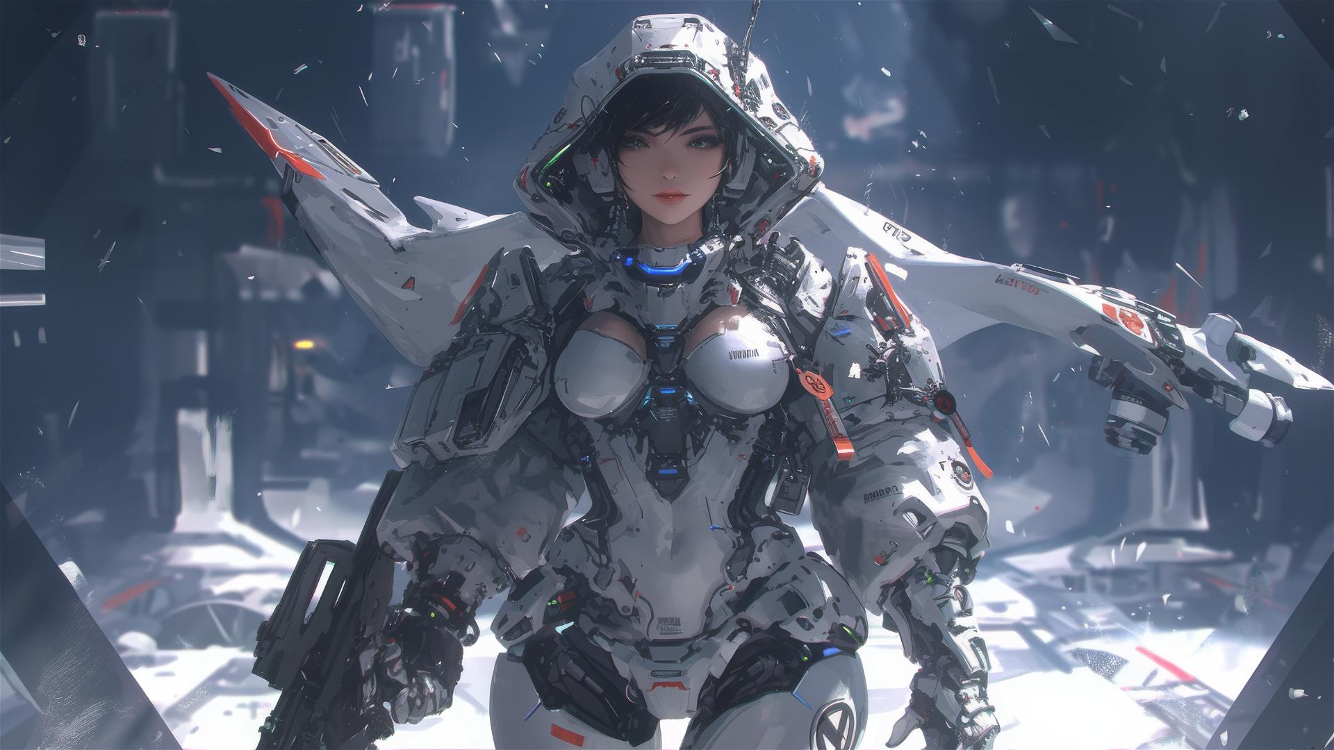 Space Marine Girl in dynamic pose with thigh focus on dark background