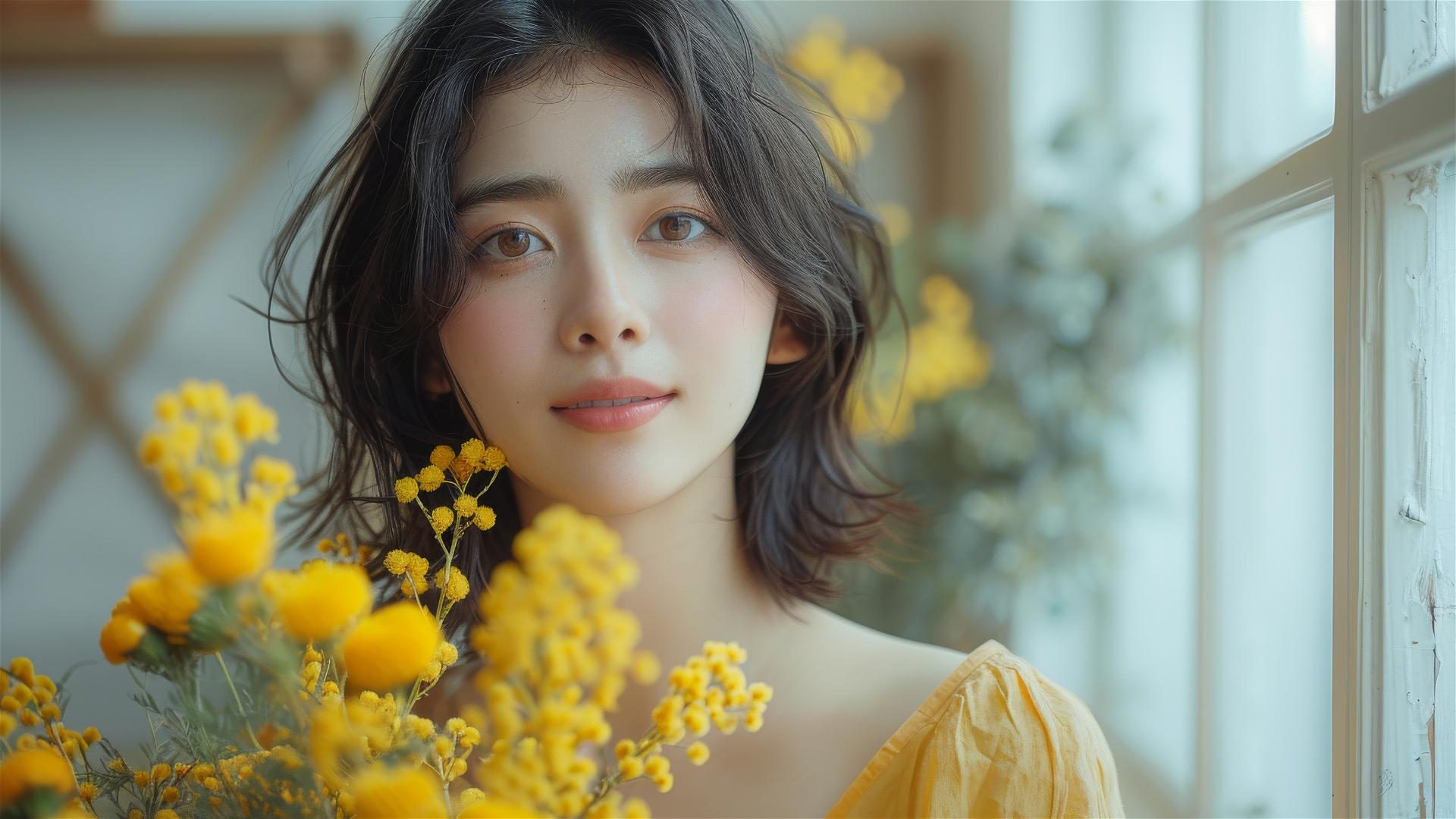 Asian woman in pastel dress with mimosa flowers, joyful in a minimalist room.