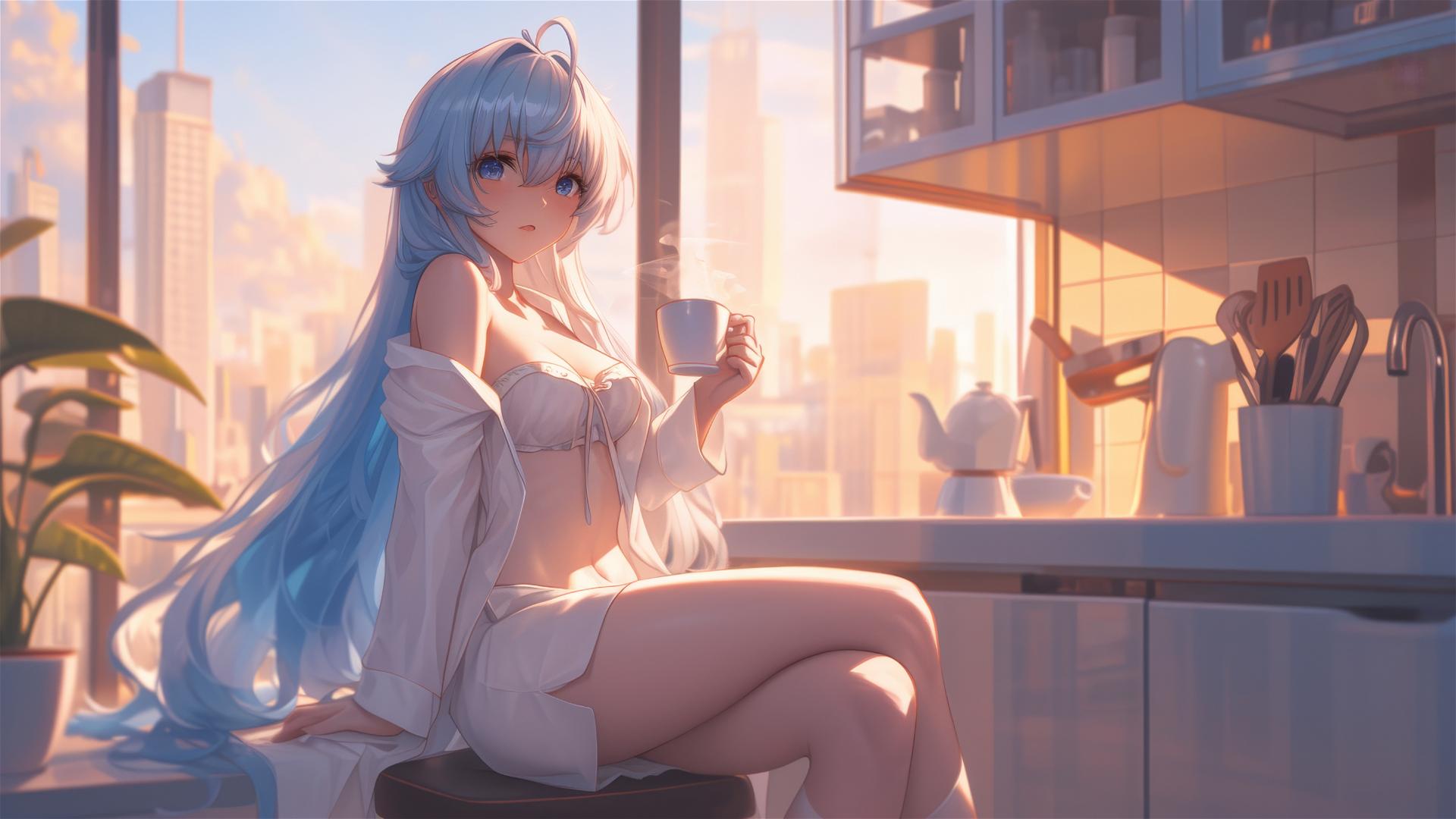 Esdeath in white silk pajamas with coffee at sunrise.