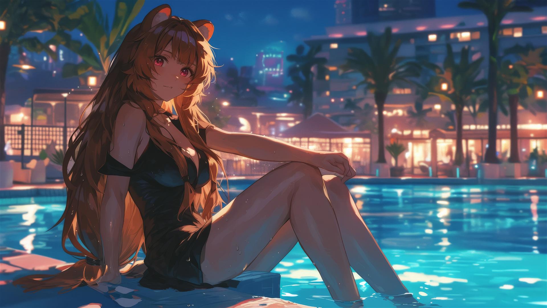 Raphtalia by poolside in moonlight from Shield Hero