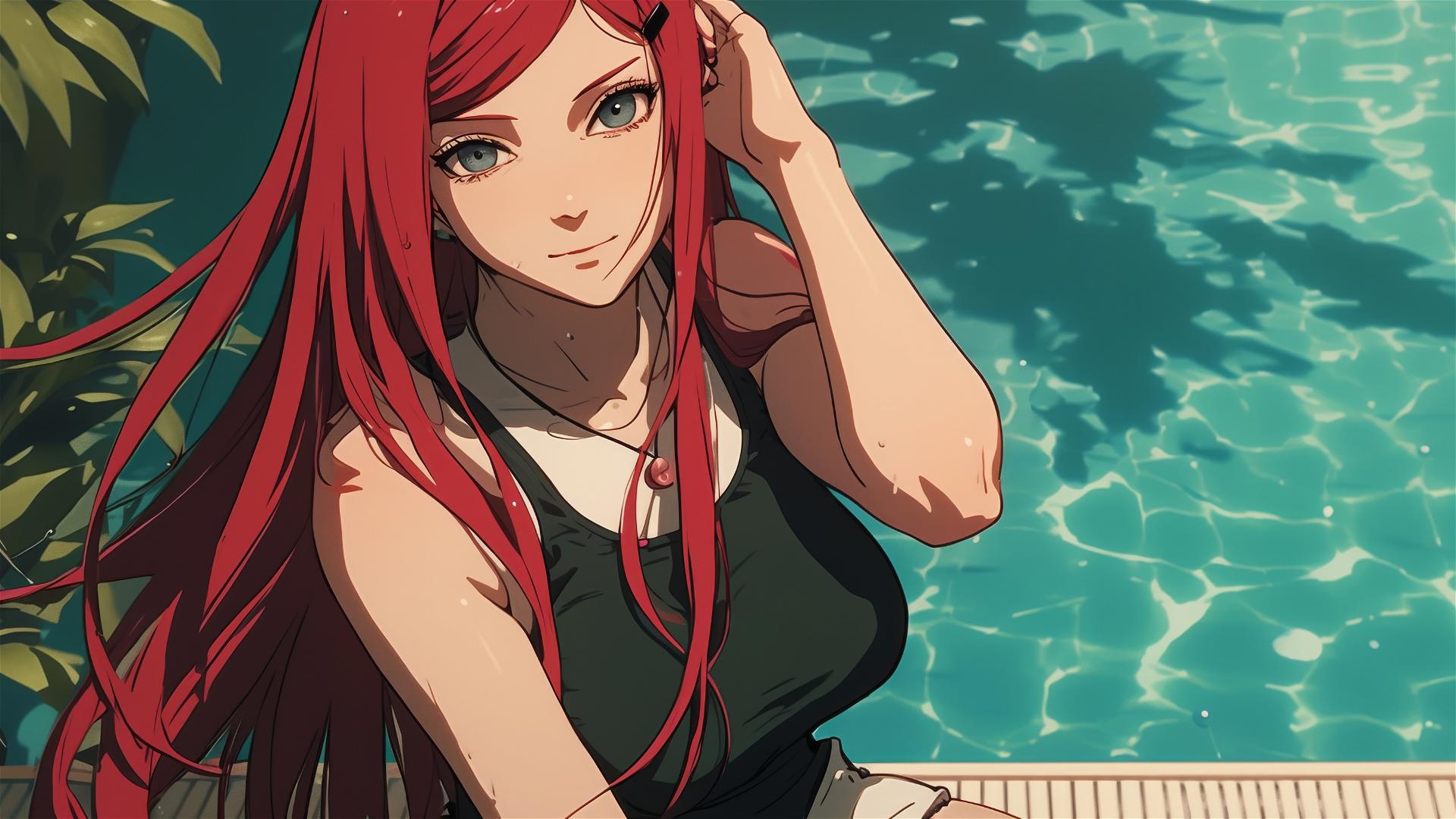 Kushina Uzumaki resting by pool under moonlight