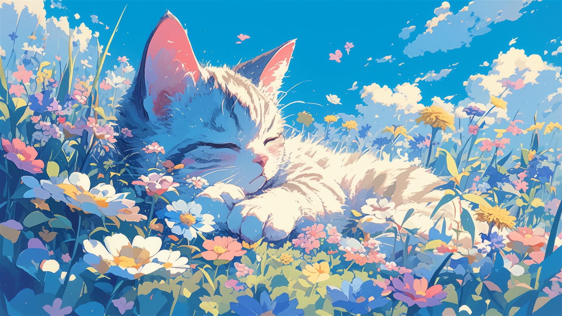 Japanese animation style cute British Shorthair cat sleeping among colorful flowers