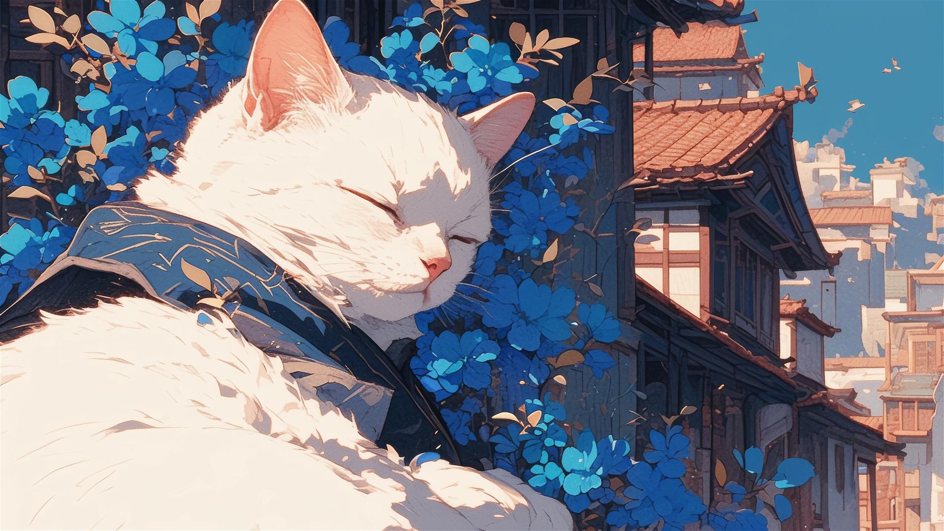 Colorful Japanese animation of a sleeping British Shorthair amid flowers