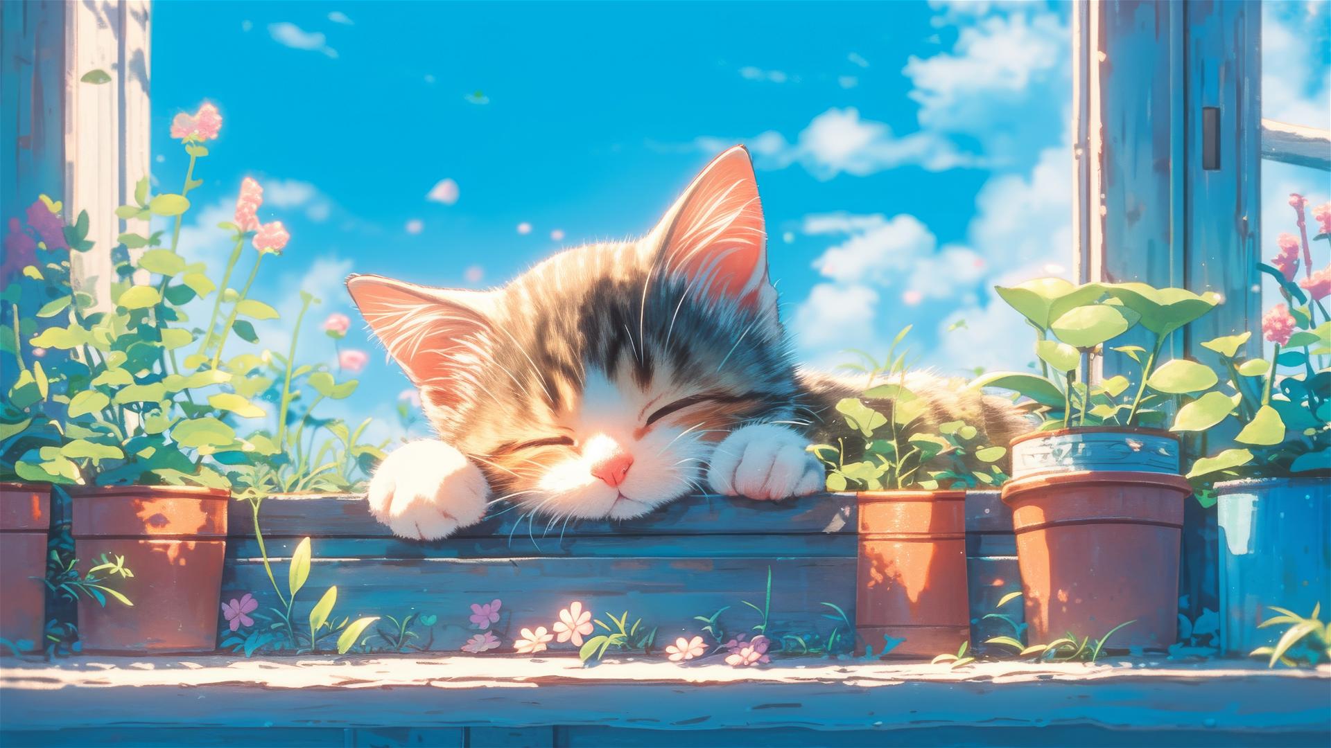 British Shorthair cat sleeping among colorful flowers in a panoramic anime-style scene