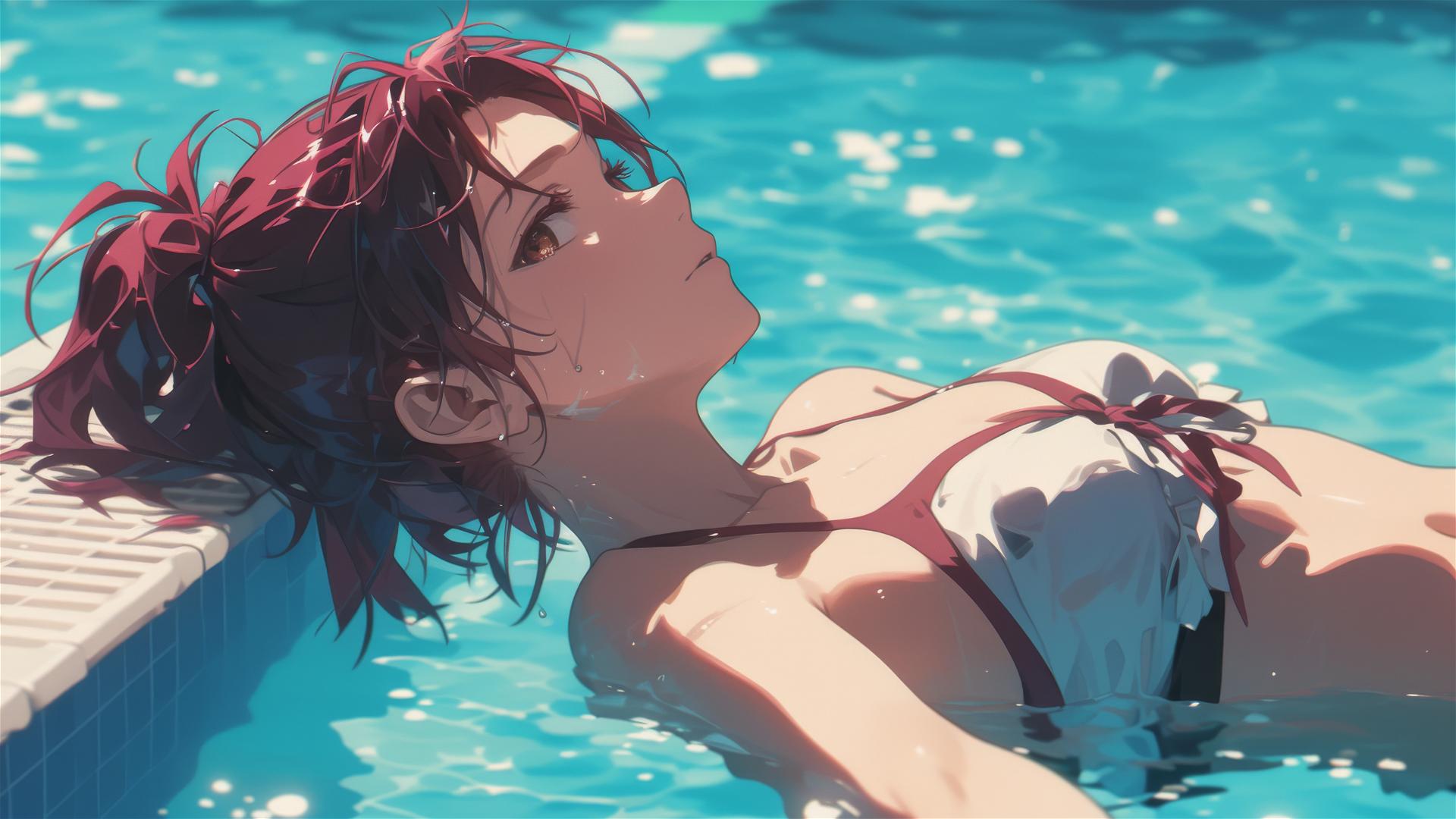 Sasha Blouse swimming in moonlit pool, soft glow on her light brown eyes, reddish hair