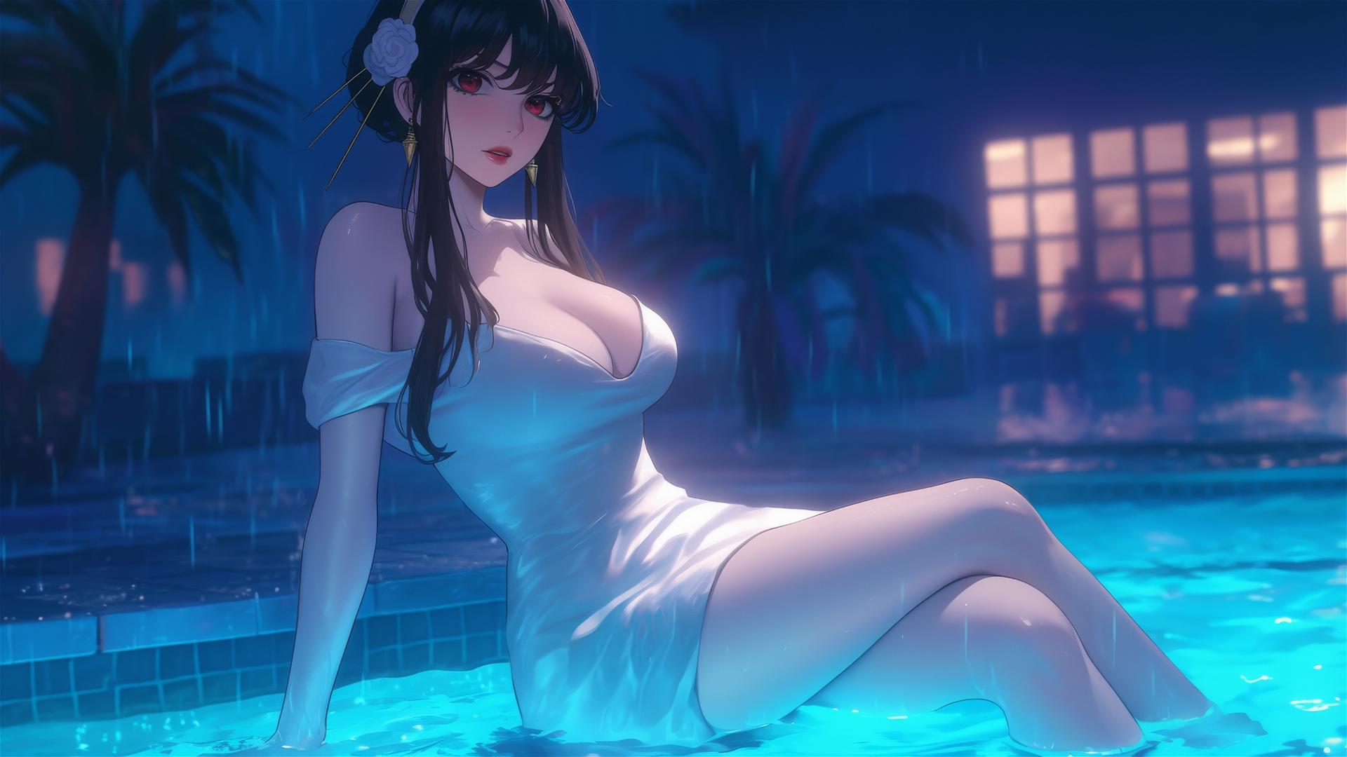 Yor Forger in white dress by moonlit rainy pool