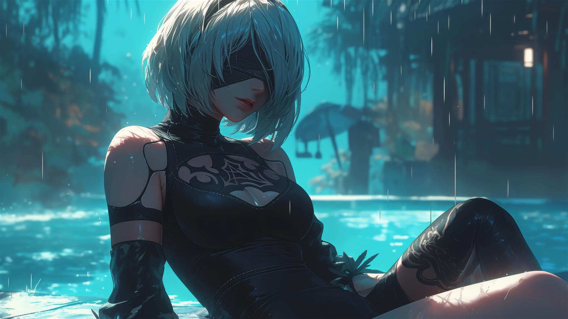 2B from Nier in casual attire, relaxed by a rainy pool, moonlight glow.