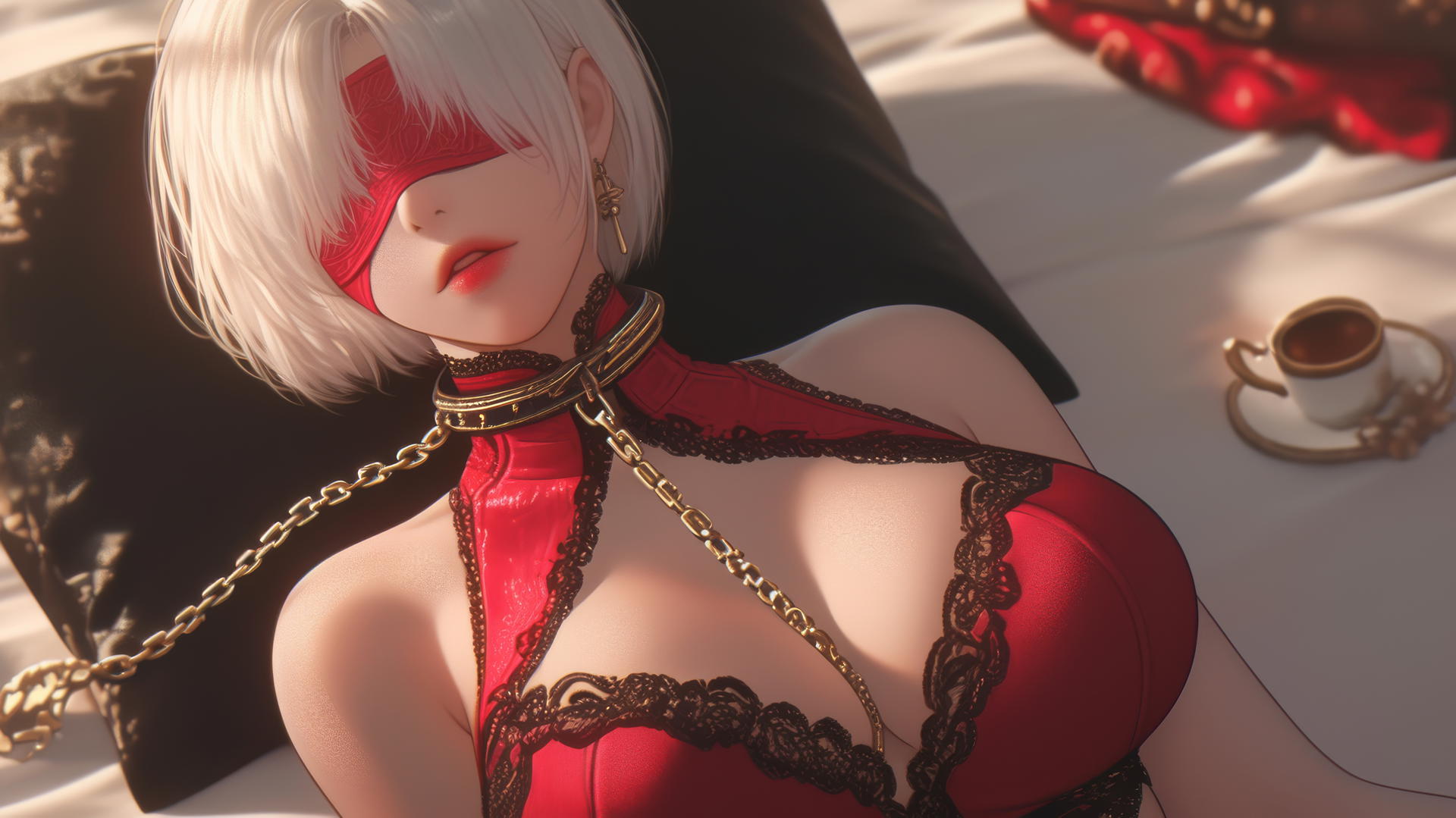 2B from Nier, in a modern hotel room, in red, neck locked with iron chains.