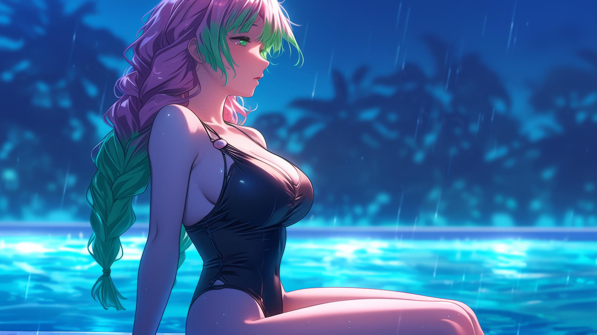 Mitsuri Kanroji from Demon Slayer resting by a rainy swimming pool under moonlight.