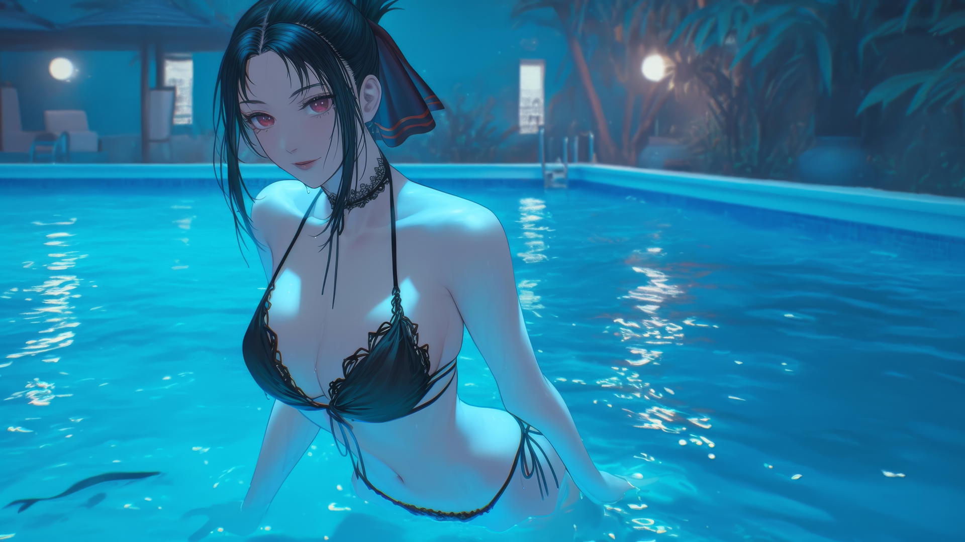 Kaguya Shinomiya from Kaguya-sama: Love Is War, red eyes, jumping out of a swimming pool, moonlight glow.