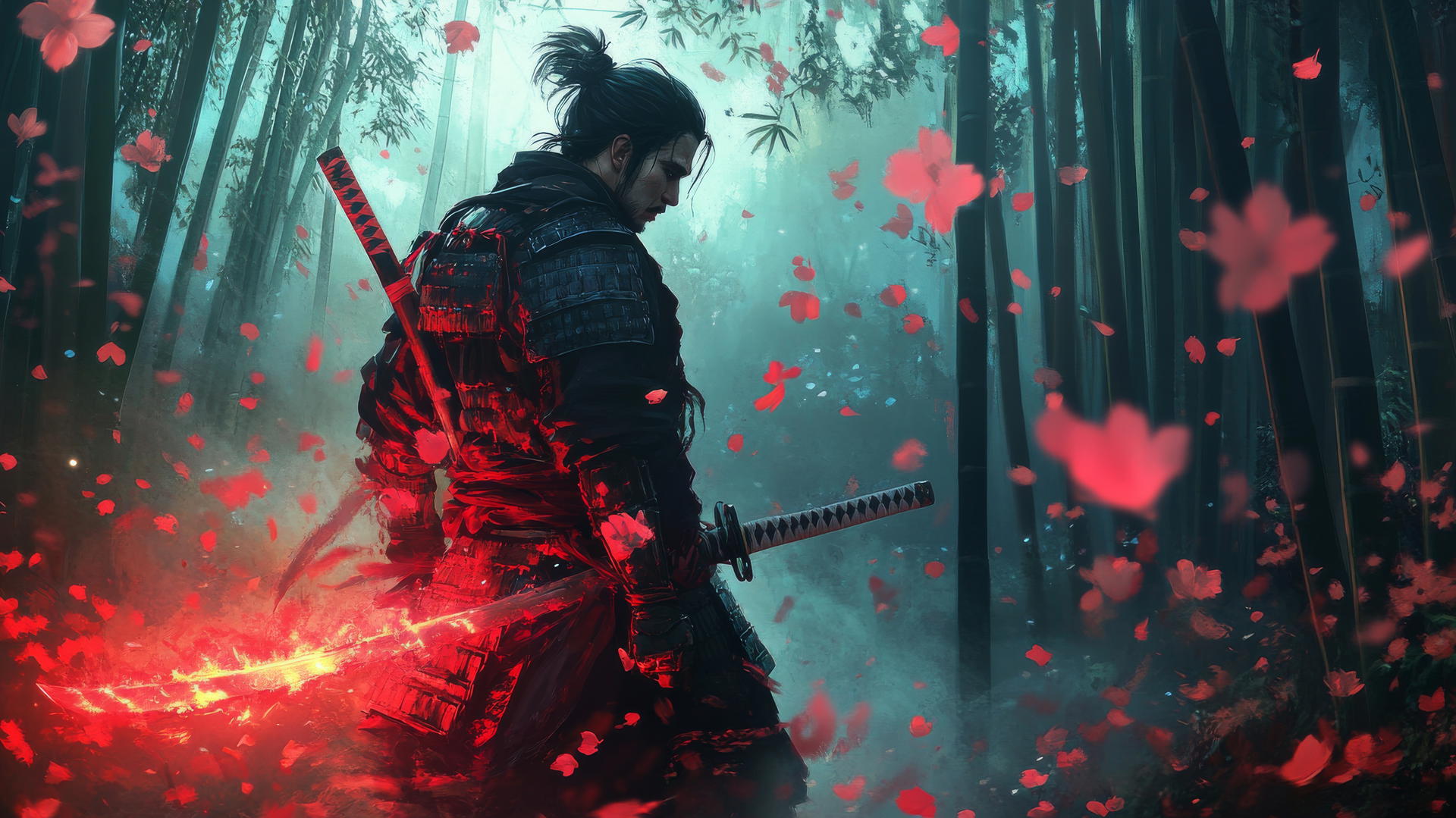 cool wallpapers for boys with a fierce samurai warrior in a bamboo forest holding a glowing katana