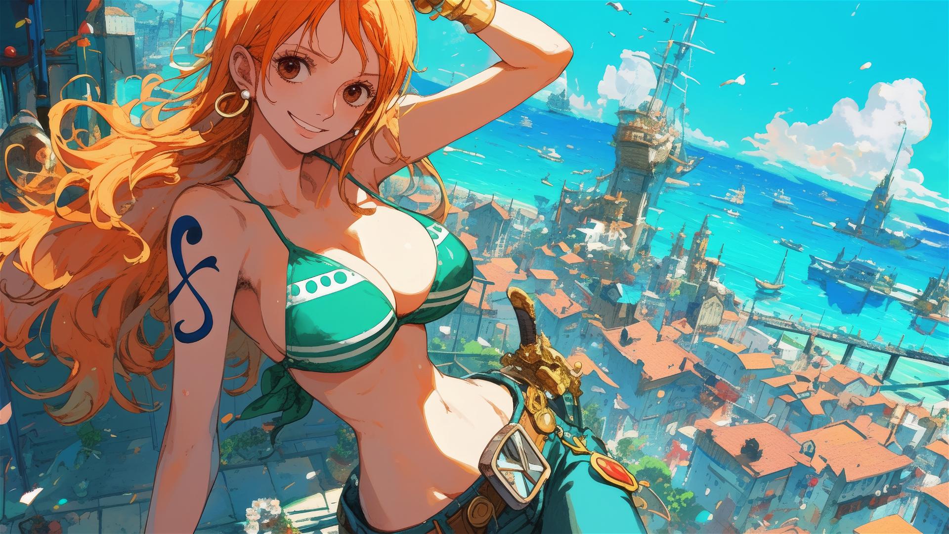 Aerial view capturing Nami from One Piece anime.