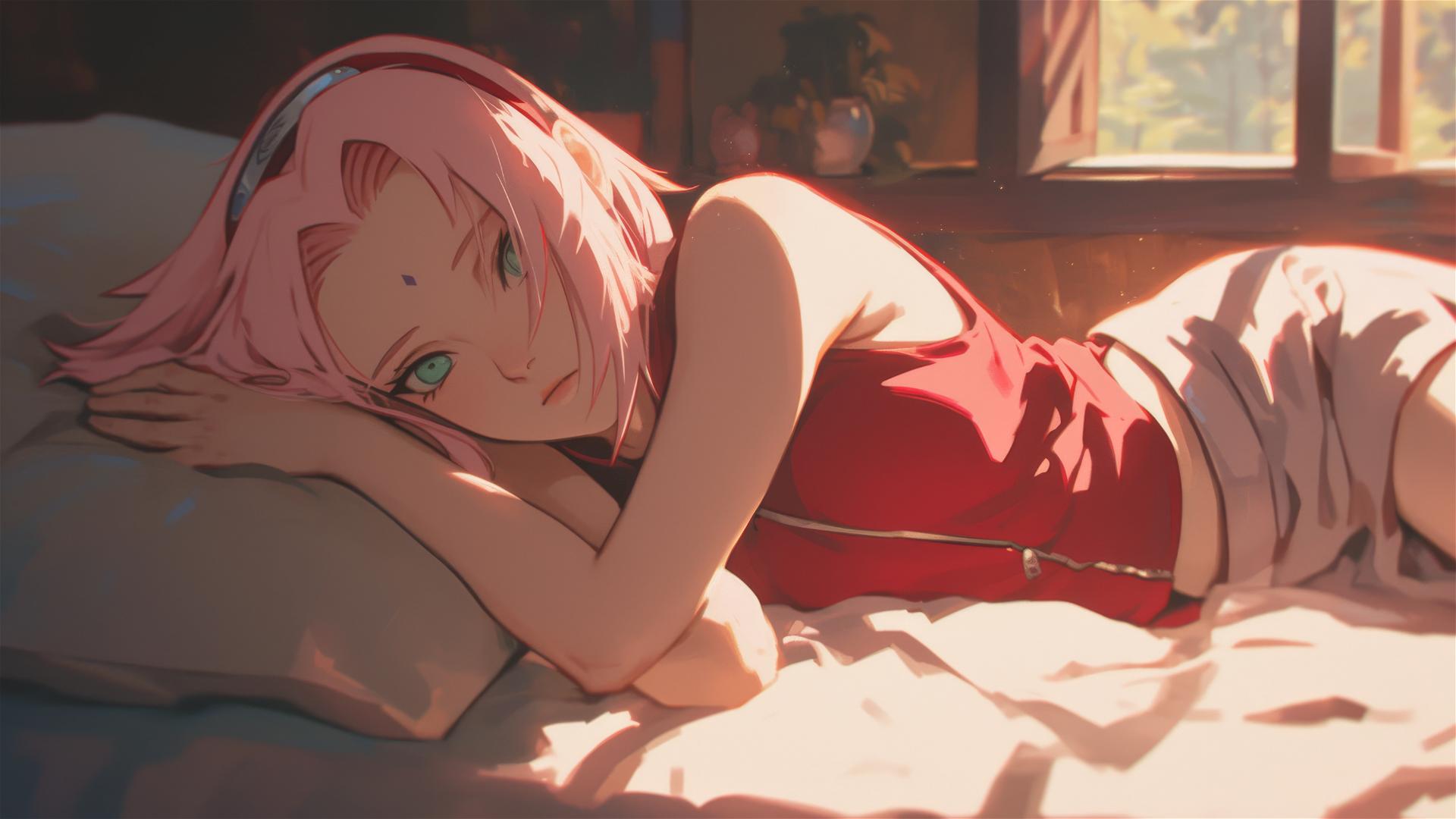 Sakura Haruno lying in bed with swirling air, in hyper-realistic anime style.