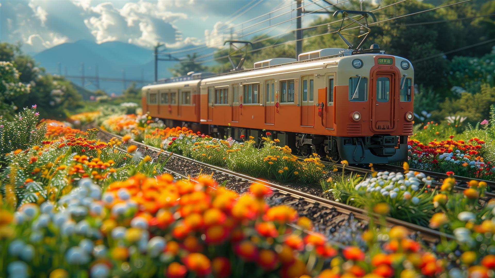 Cartoon metro surrounded by flowers on green grass in a dreamlike coastal setting, Miyazaki style.