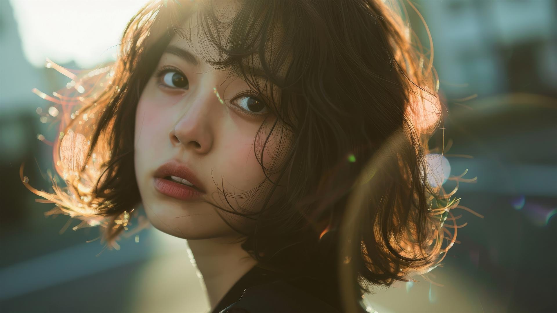 Fashionable Japanese youth with brown perm, spinning with lens flare.