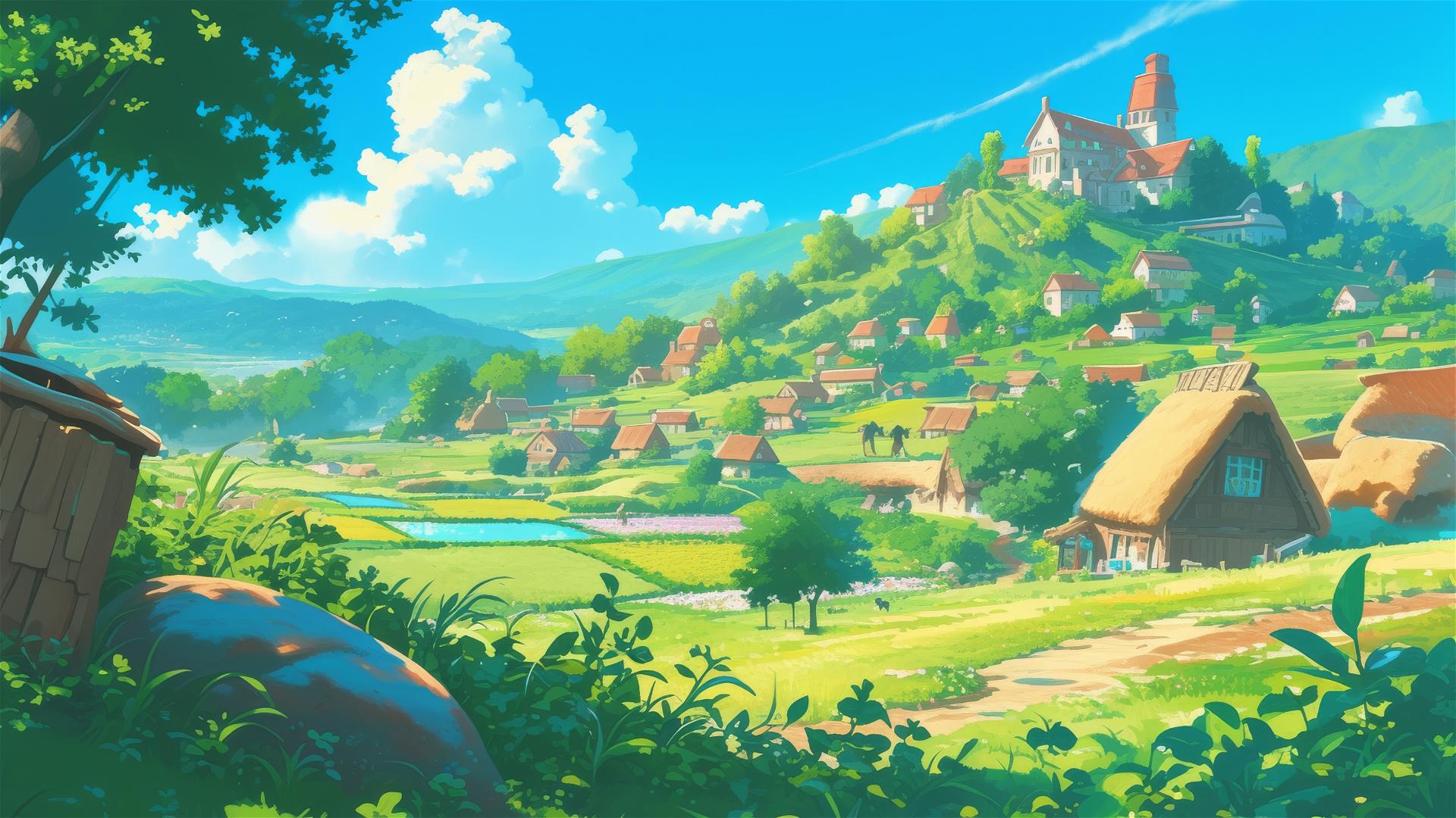 Serene village in rolling hills, Ghibli style