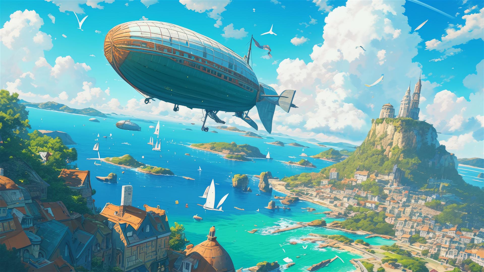 Ghibli-style airship flying over landscapes and oceans.