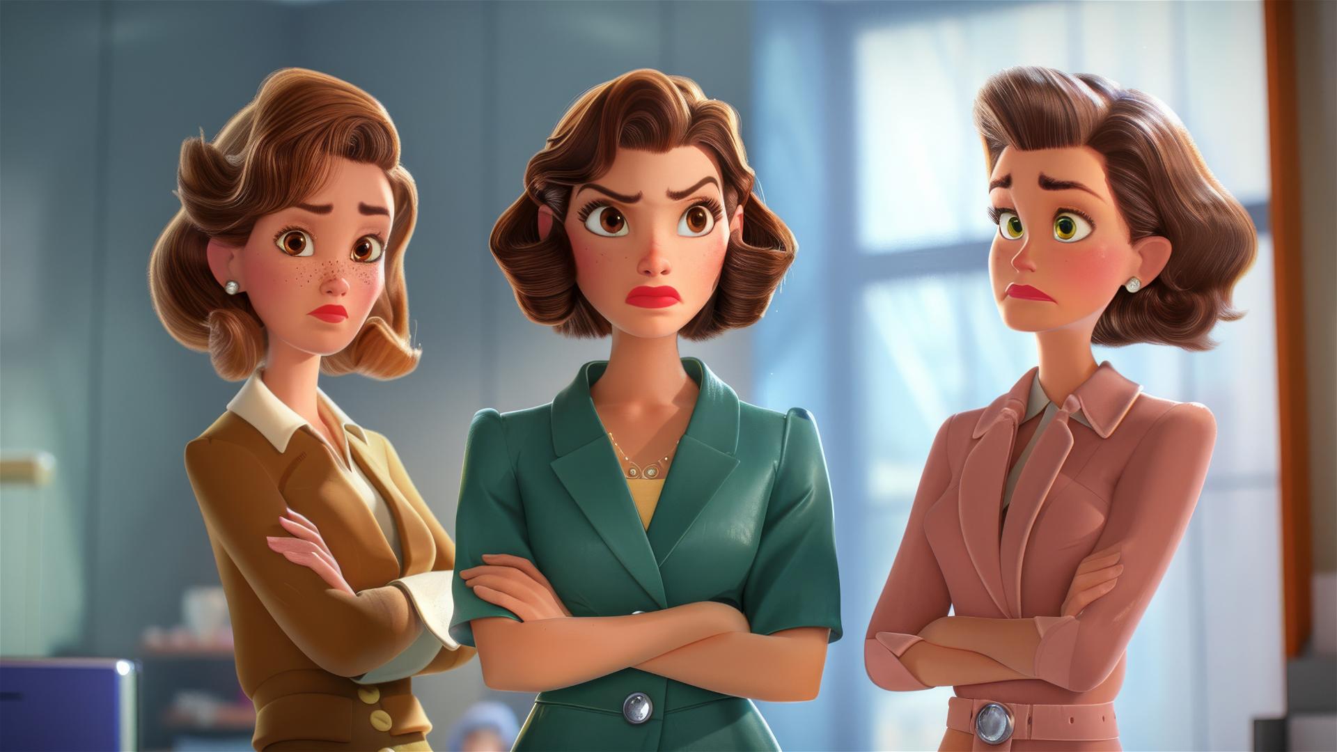 Pixar-style image of 3 businesswomen in conflict, one leaving, two pursuing.