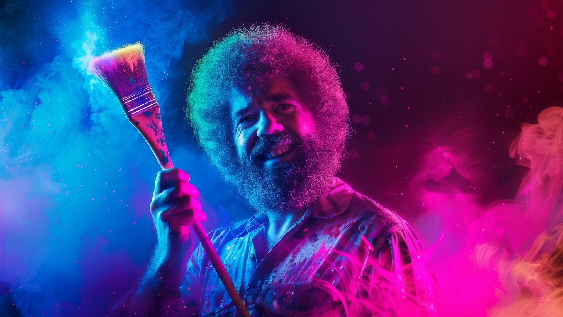 Neon sign of Bob Ross holding a paint brush.