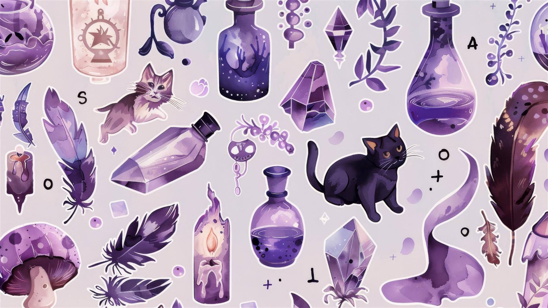 Watercolor sticker sheet with purple witchy items and lavender background.