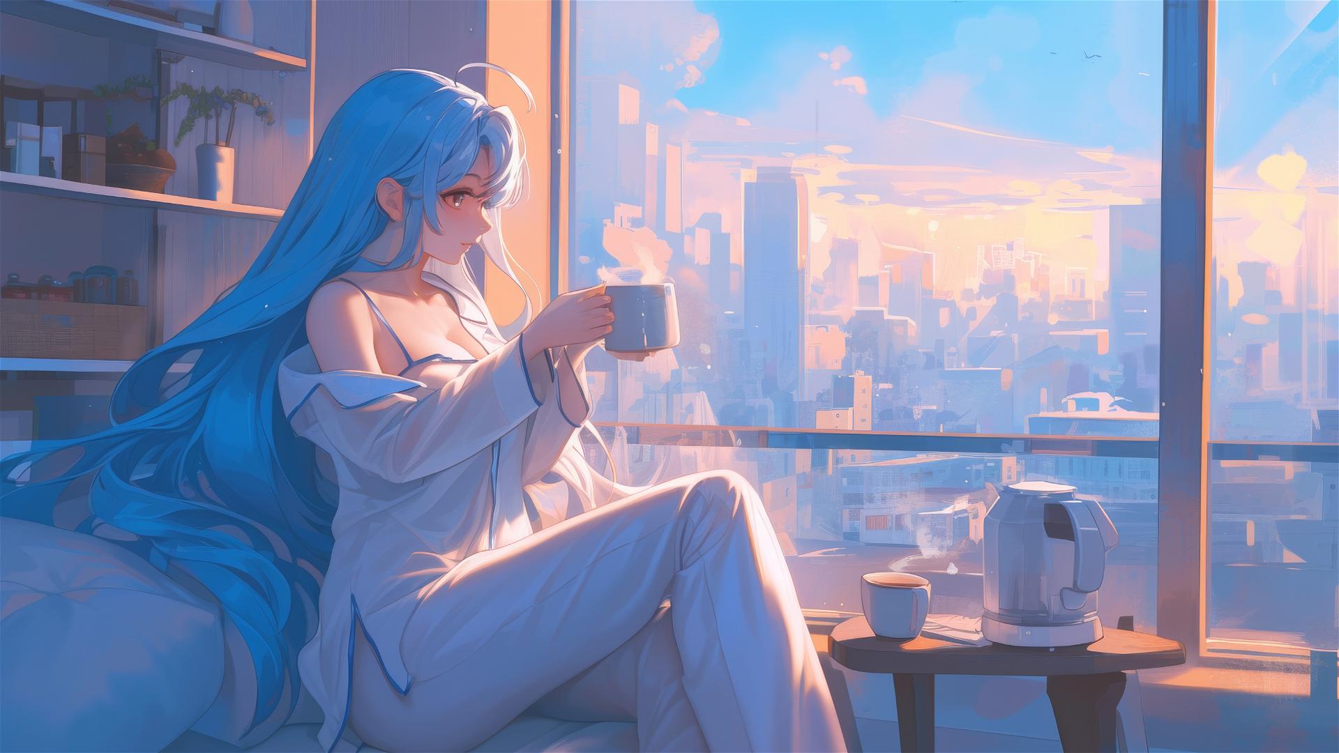 Esdeath in silk pajamas with coffee at sunrise.