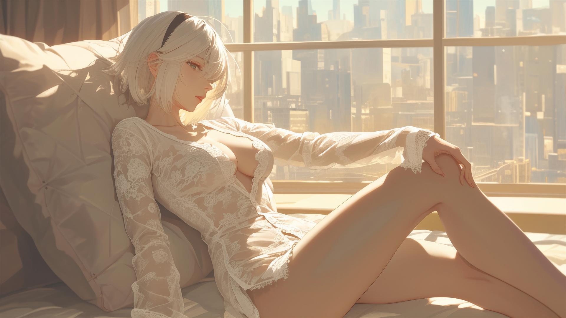 2B from Nier in white silk pajamas, basking in sunrise glow