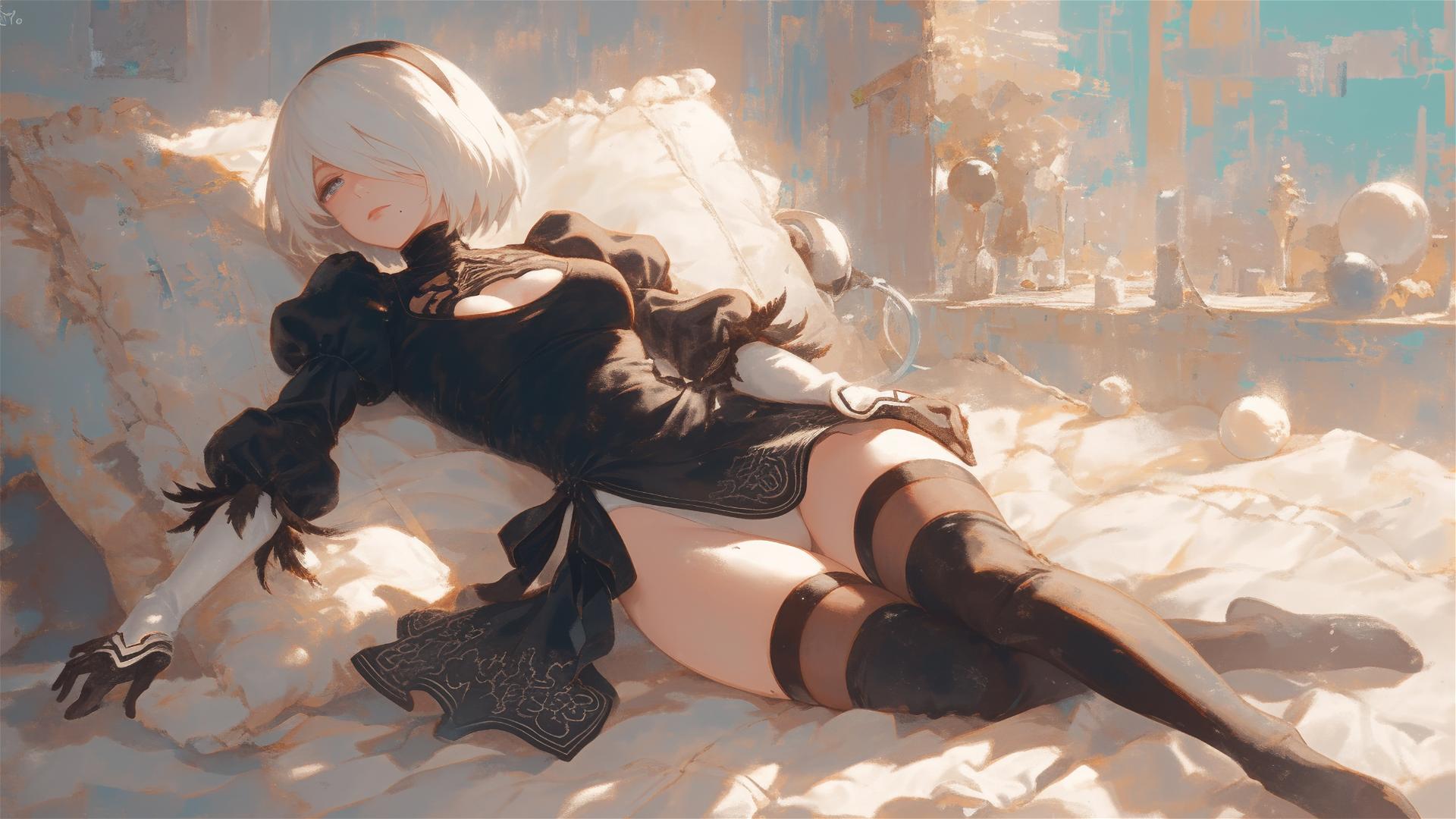 2B from Nier in white silk pajamas, basking in sunrise glow.