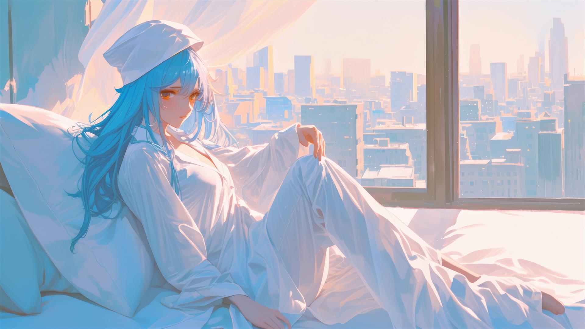 Esdeath in white silk pajamas by a window at sunrise, bathed in warm light.