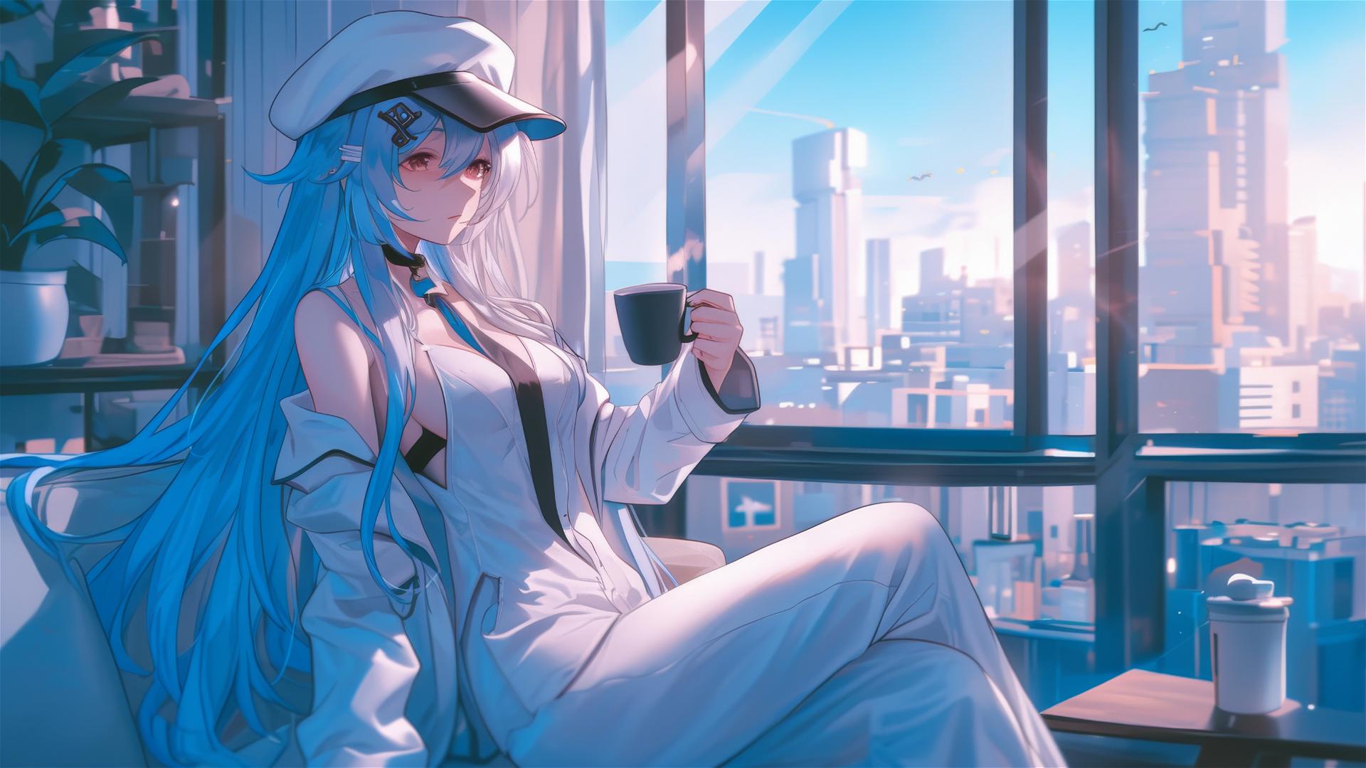 Esdeath in white silk pajamas with coffee at sunrise.