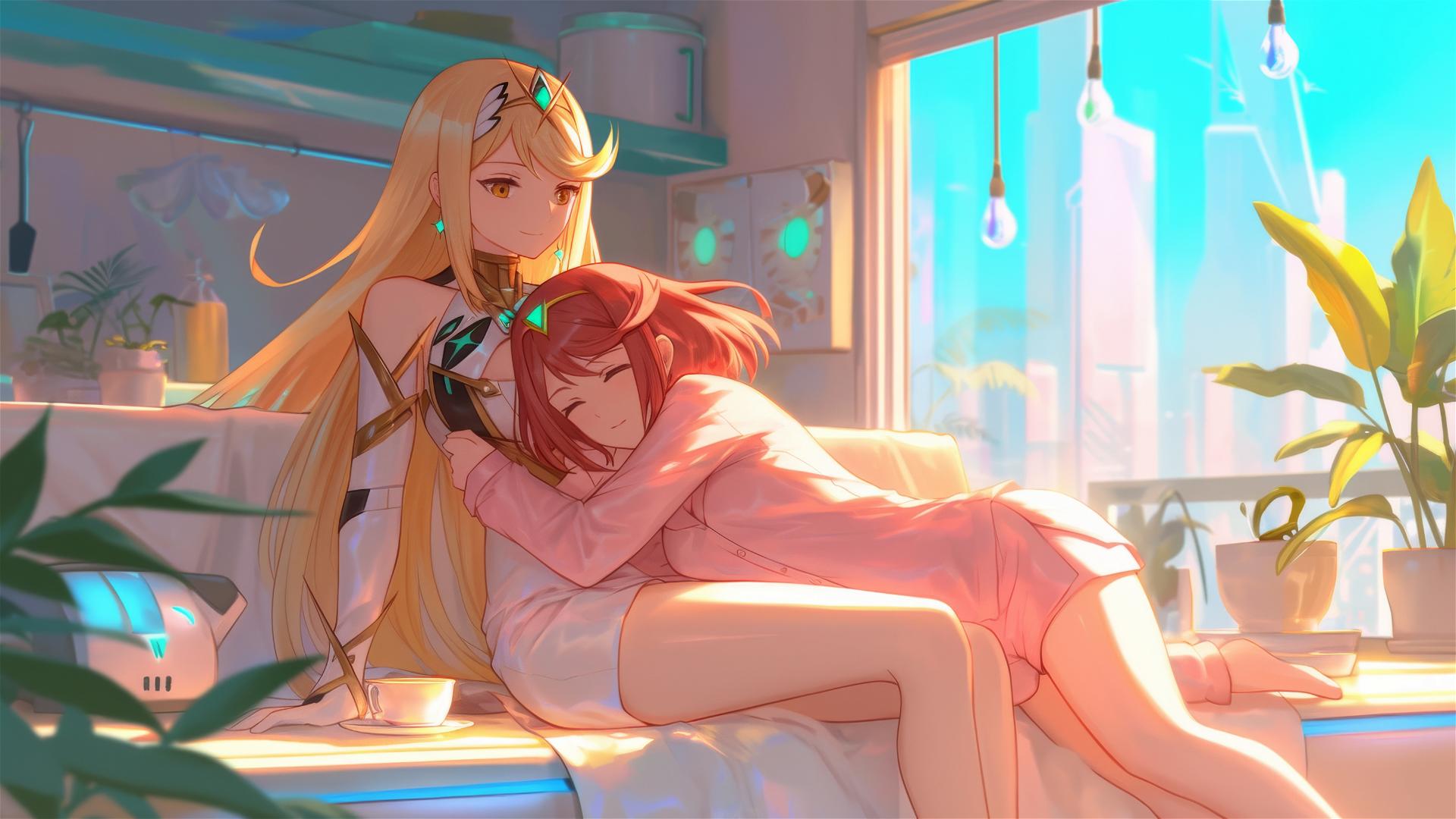 Pyra and Mythra in white silk pajamas with coffee at sunrise.