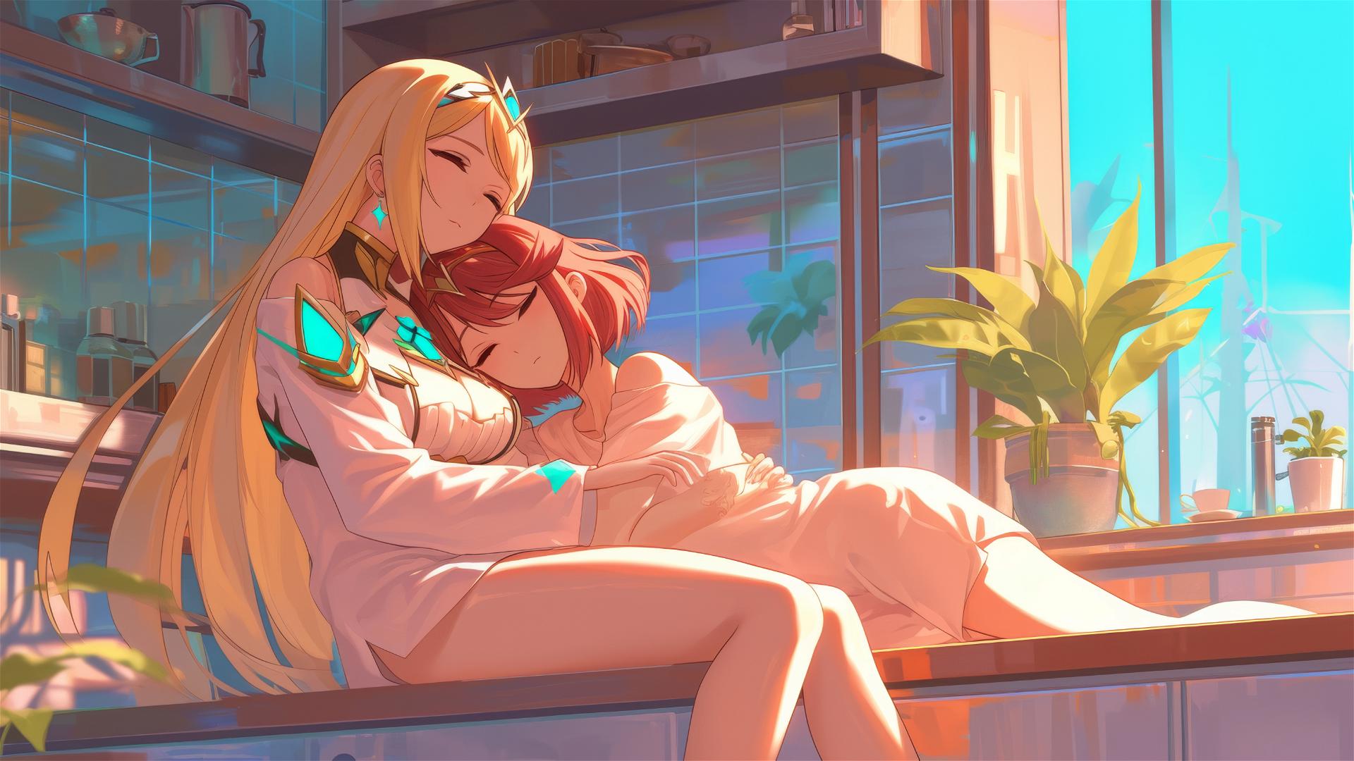 Pyra and Mythra in silk pajamas enjoying coffee at sunrise.