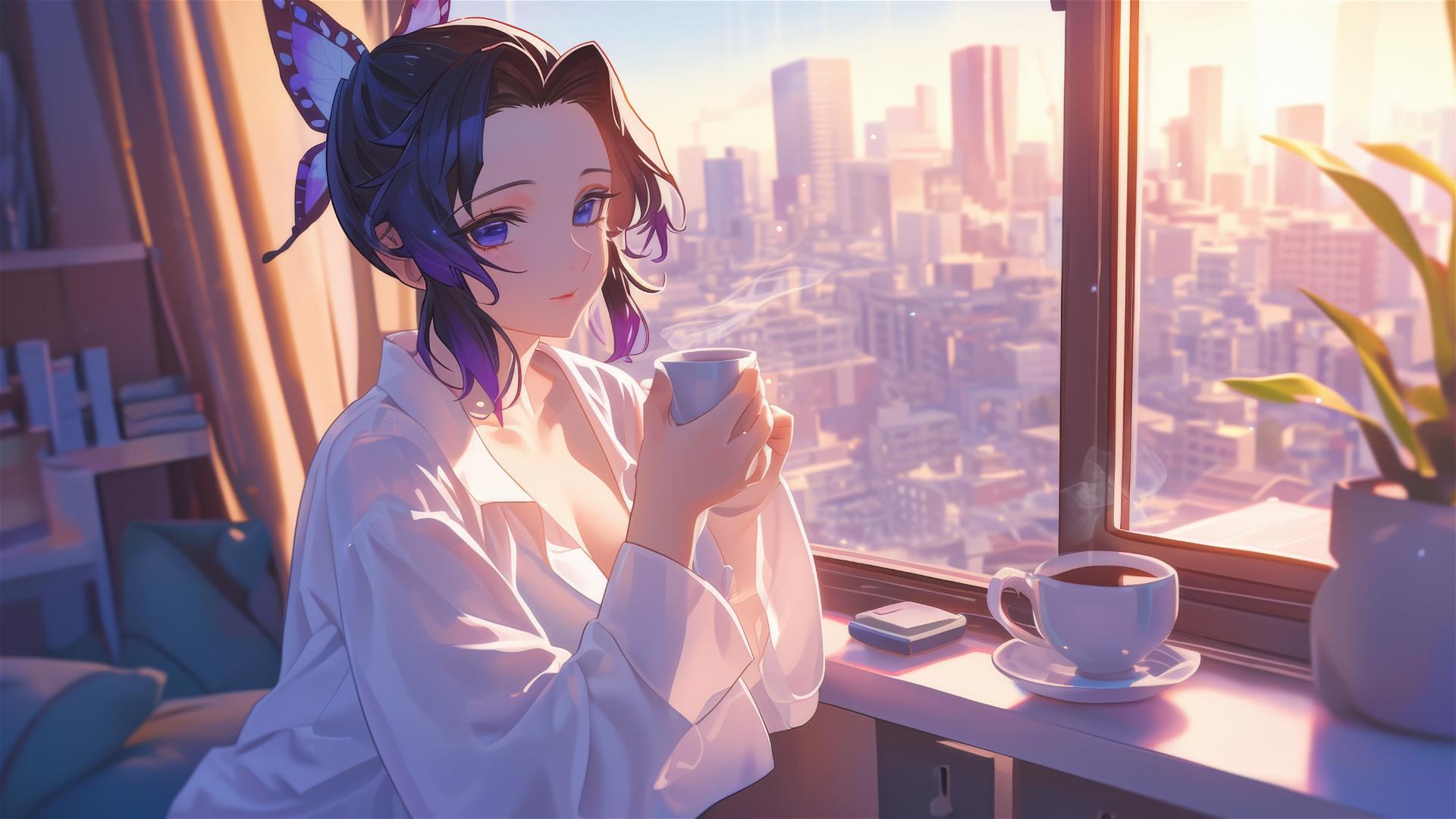Shinobu Kocho from Demon Slayer sipping coffee at sunrise in a modern kitchen.