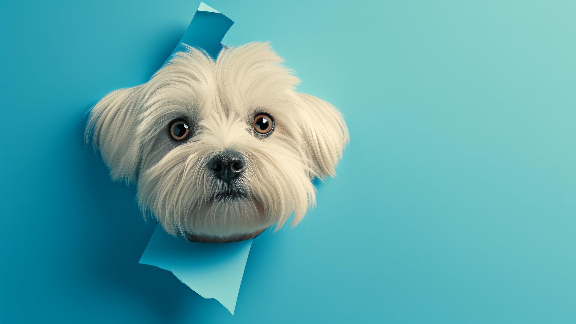 Teacup Havanese peeking through sky blue paper wall