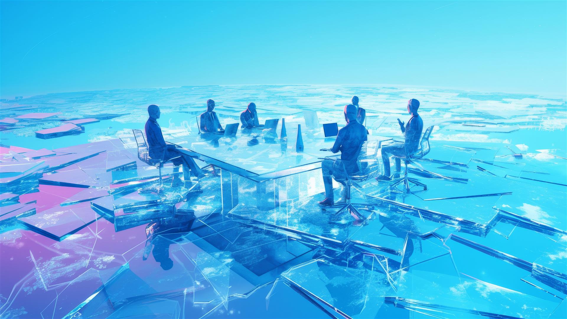 3D glass figures in a meeting on a glass table, blue-purple background