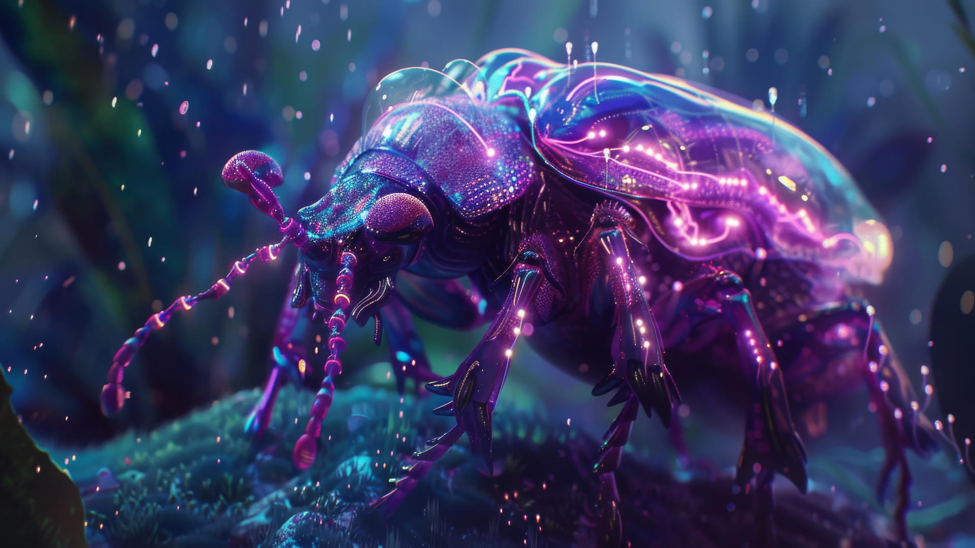 Purple glass unicorn beetle in neon lit sci-fi forest