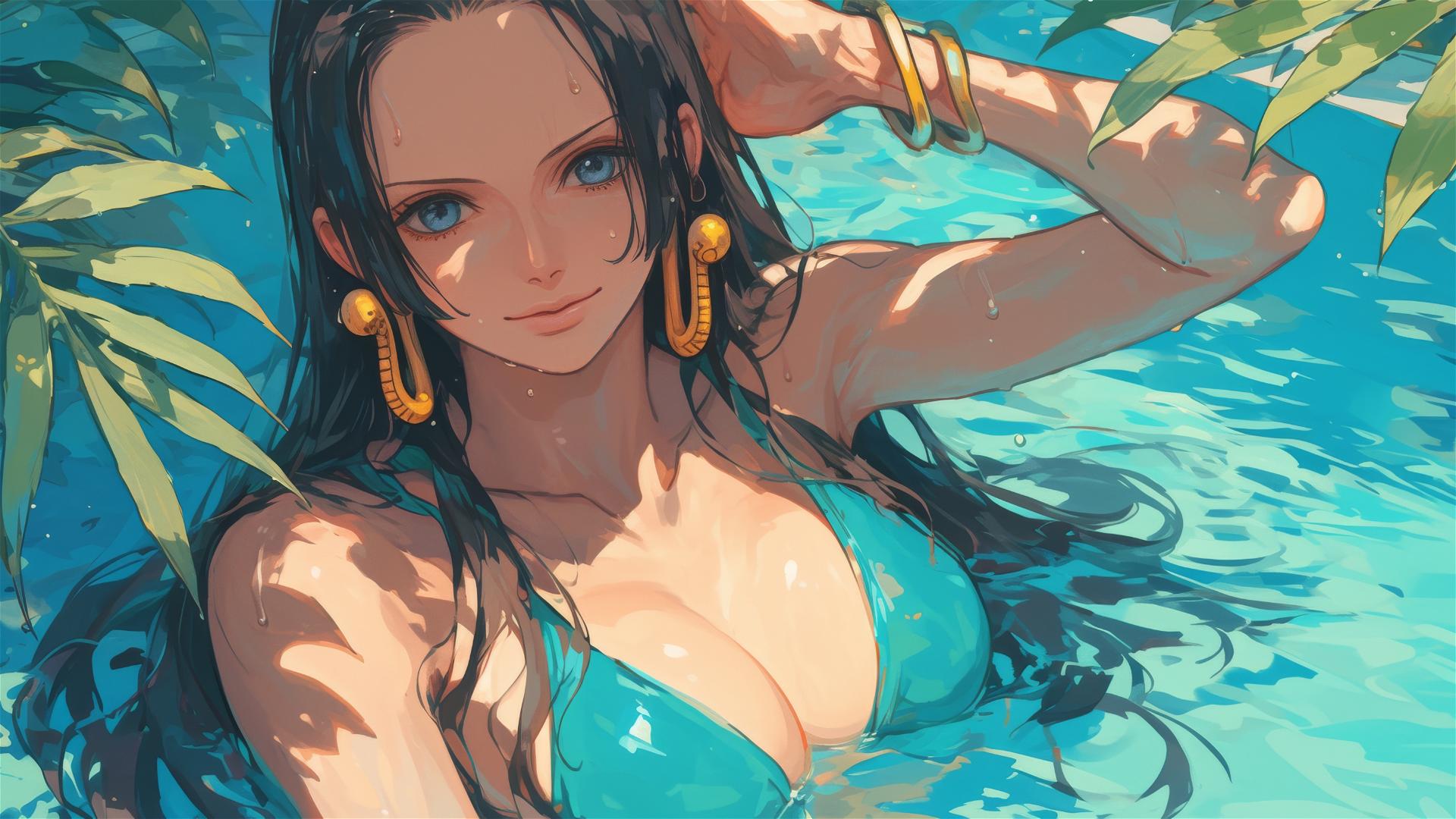 Boa Hancock from One Piece standing relaxed in a pool under moonlight