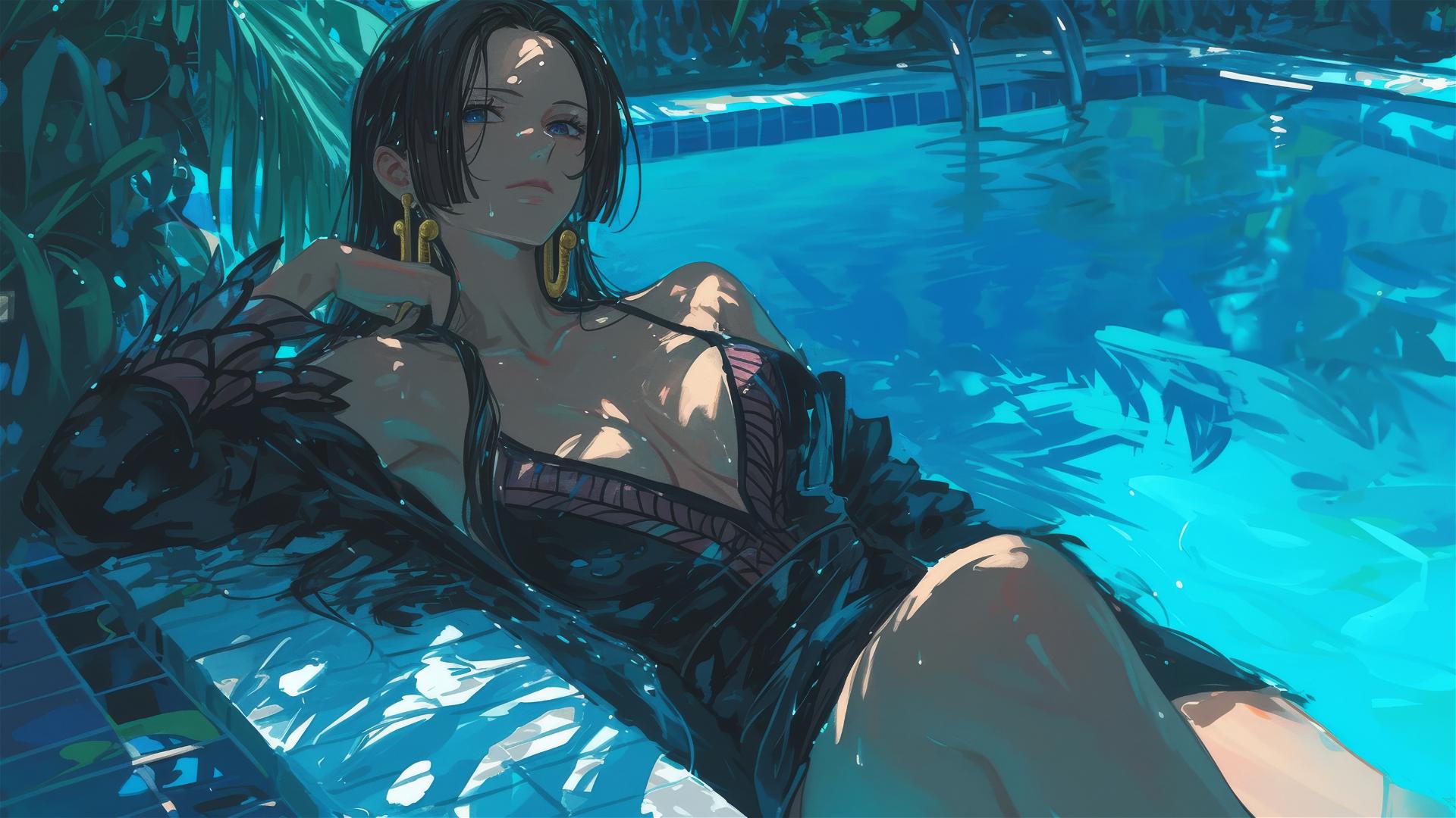 Boa Hancock from One Piece by poolside under moonlight