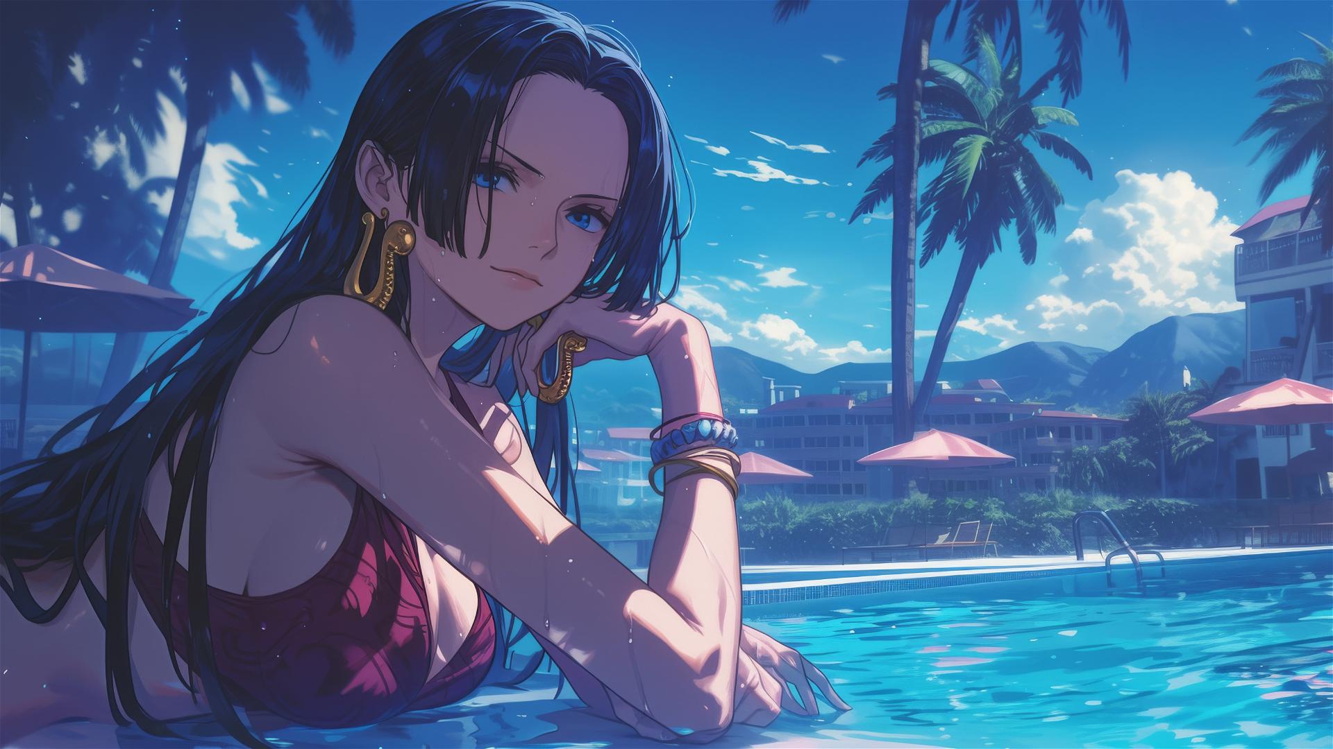 Boa Hancock from One Piece by the pool under moonlight