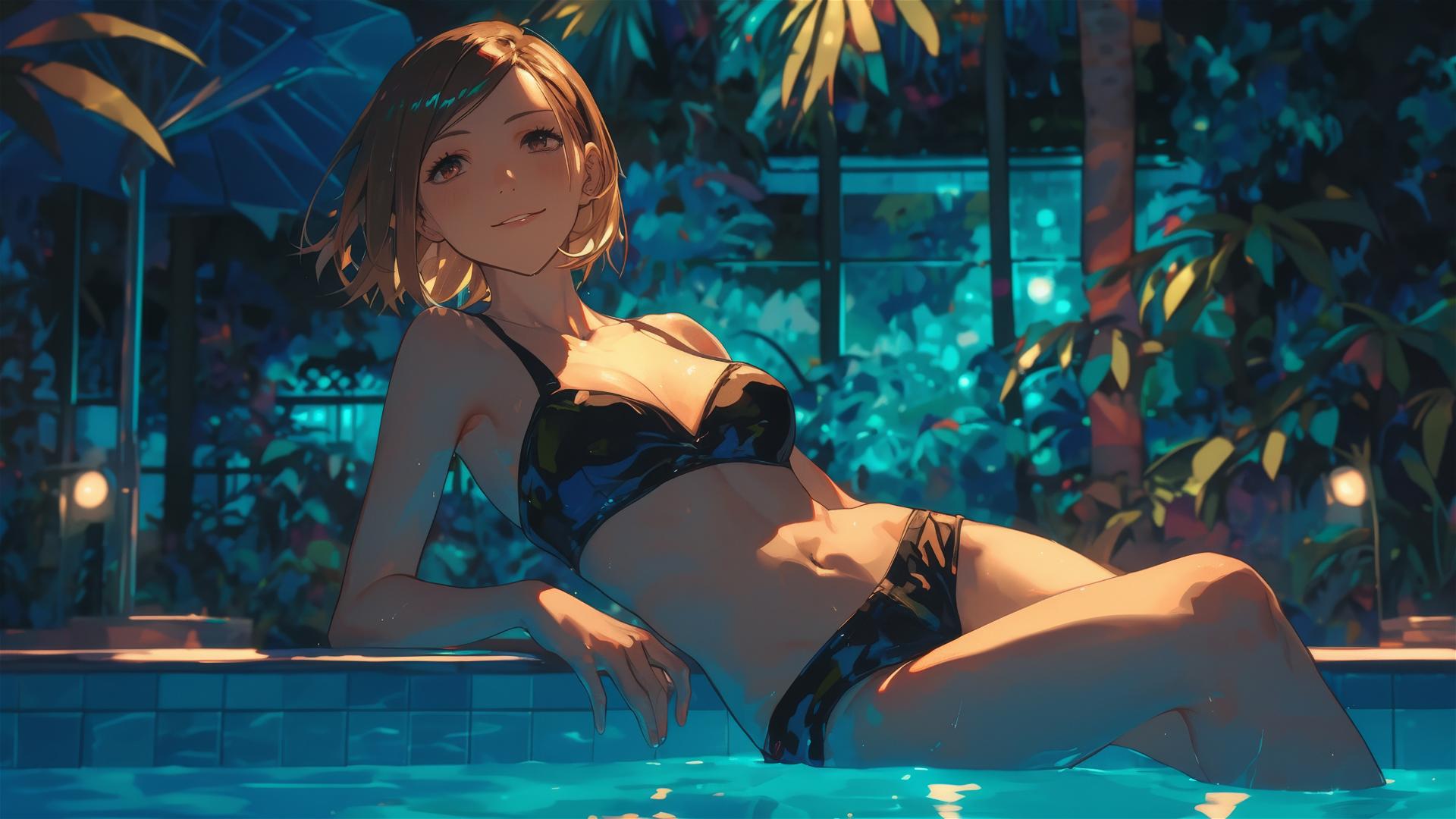 Nobara Kugisaki from Jujutsu Kaisen resting by pool under moonlight