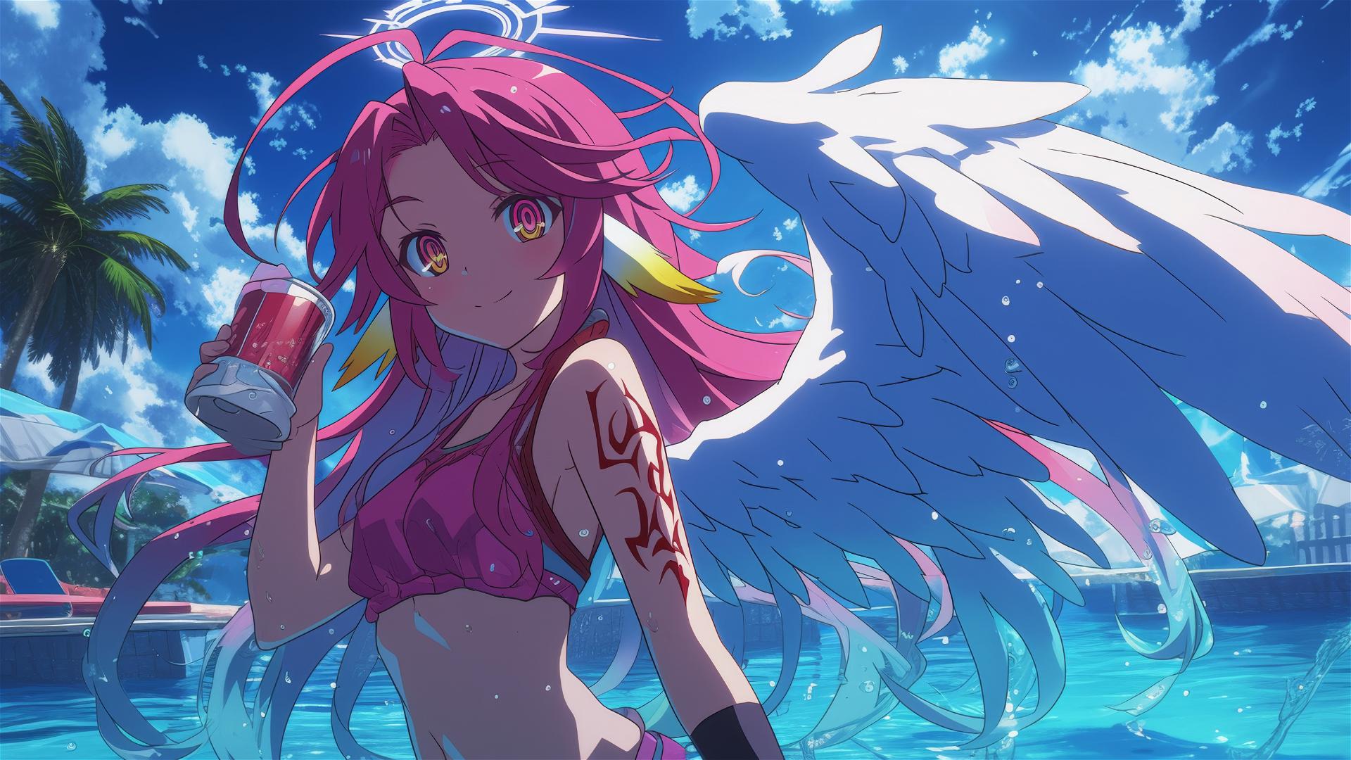 Jibril from No Game No Life swimming in moonlit pool