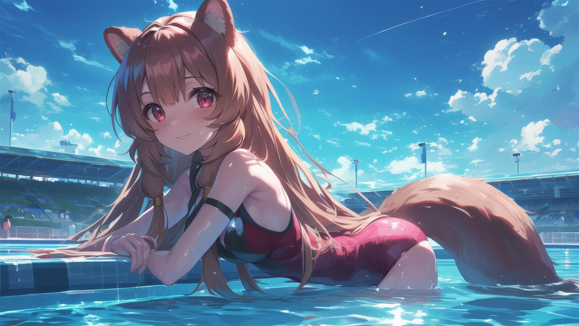 Raphtalia swims in moonlit pool