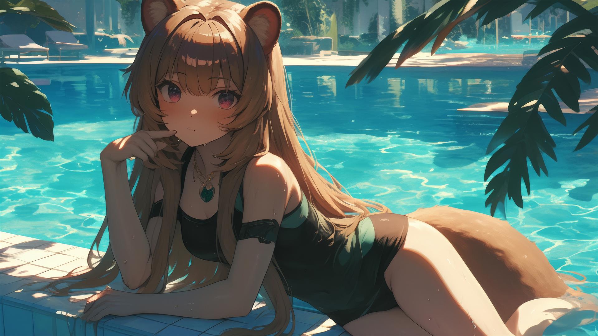 Raphtalia by the pool under moonlight