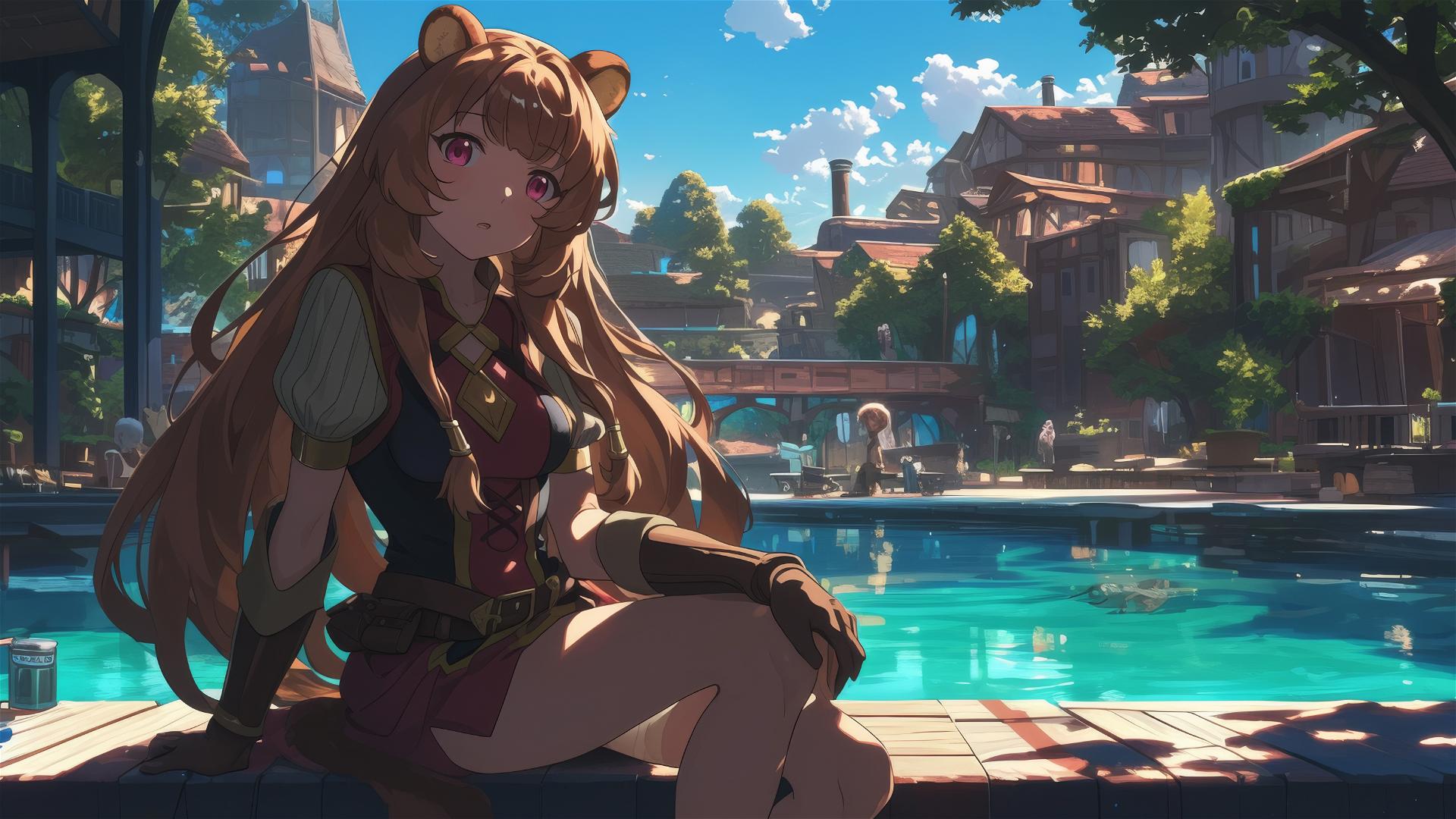 Raphtalia from The Rising of the Shield Hero resting by the pool under moonlight