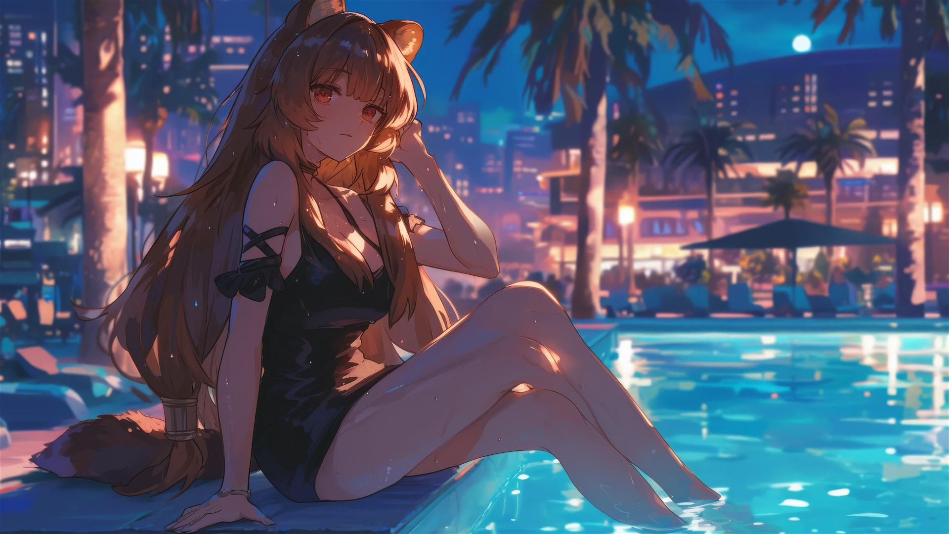 Raphtalia from The Rising of the Shield Hero resting by the pool under moonlight