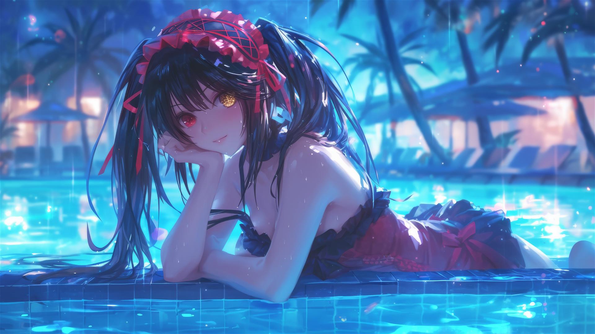 Kurumi Tokisaki by the pool under moonlight